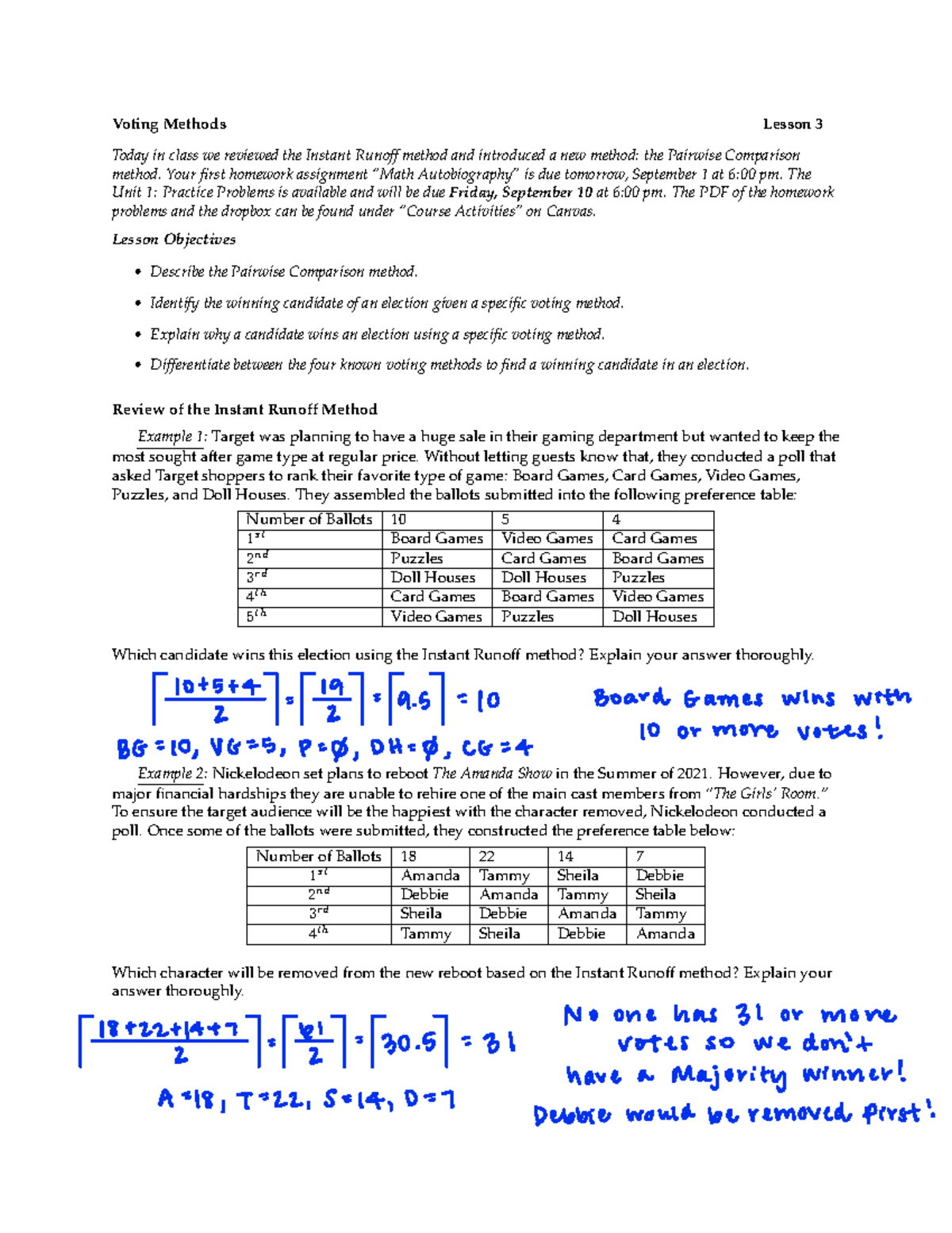 Lesson 3 Pairwise Comparison Solutions - Voting Methods Lesson 3 Today ...