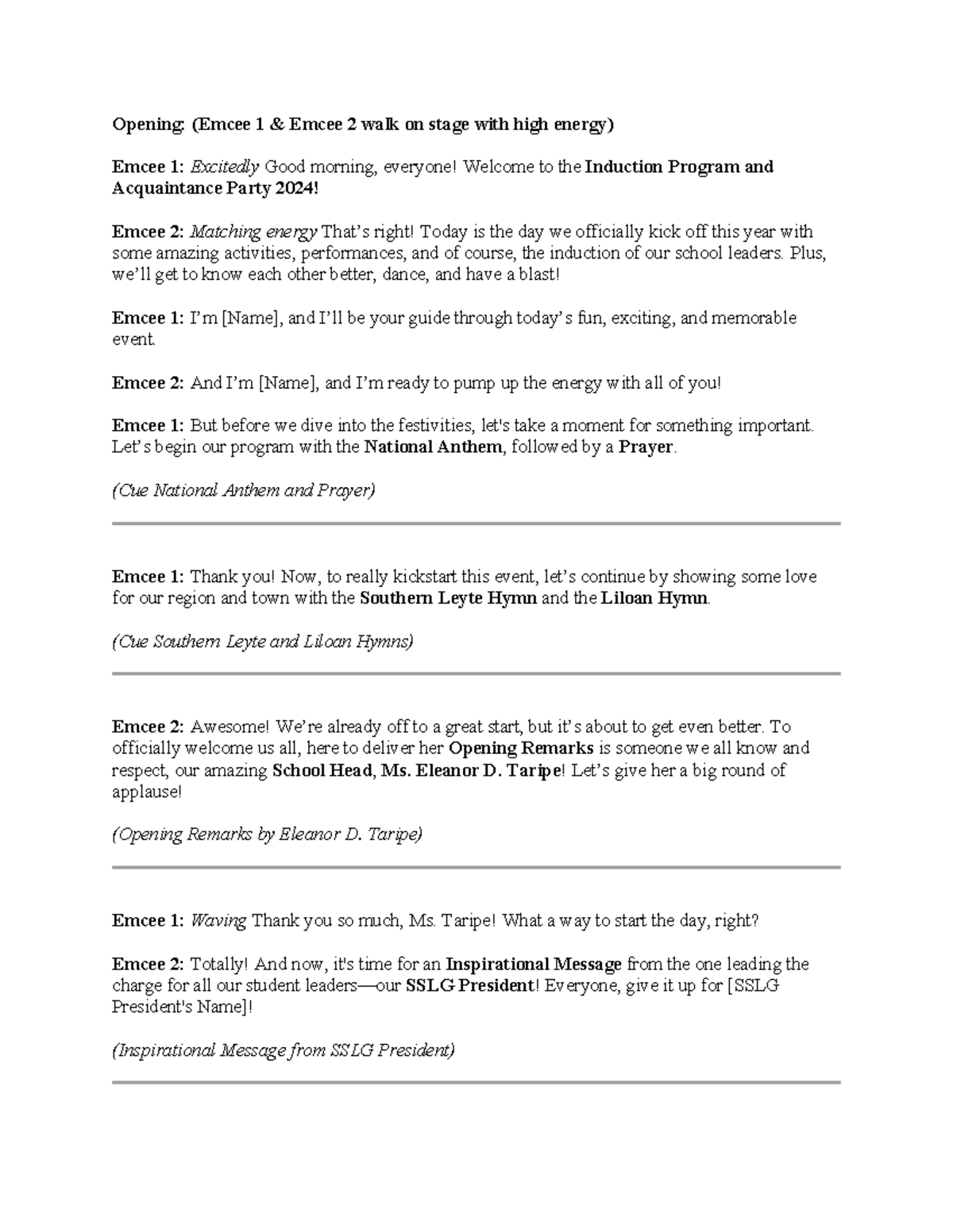 Emcee Script for Induction Program & Acquaintance Party 2024 - Studocu