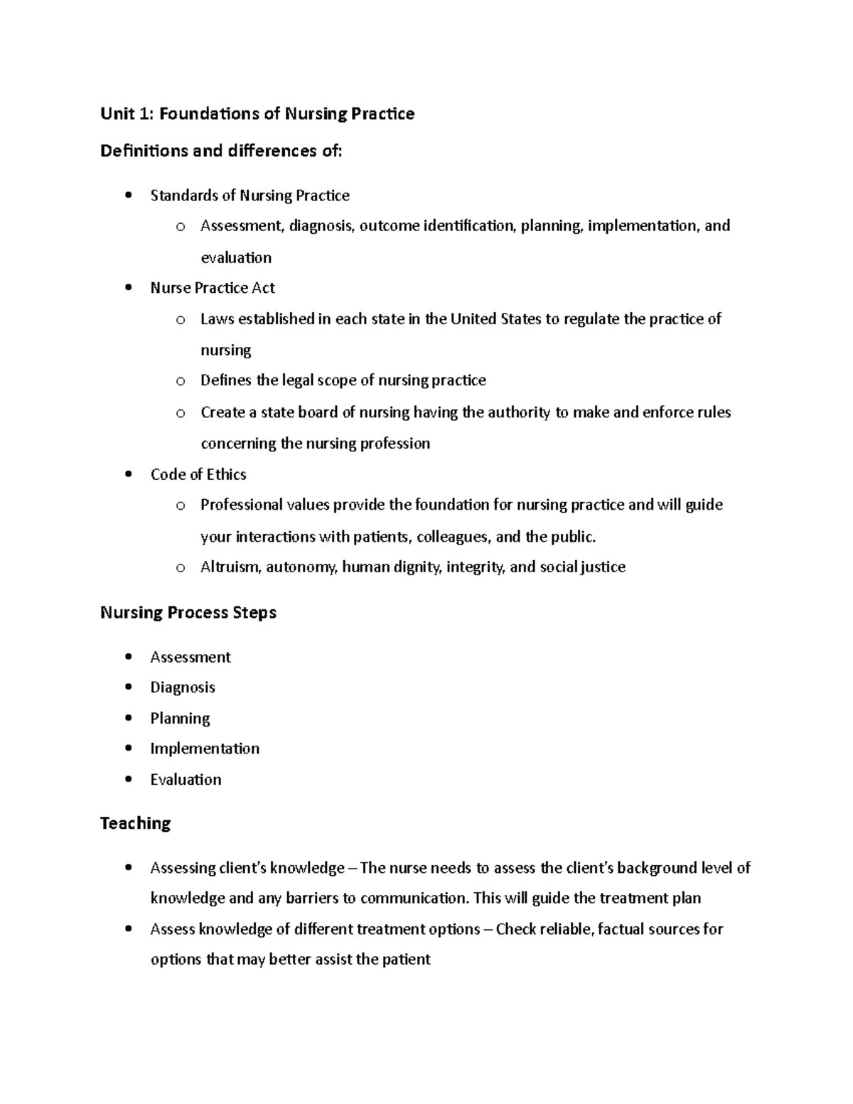 NURS 101 Final Exam Unit 1: Foundations of Nursing Practice Notes - Studocu