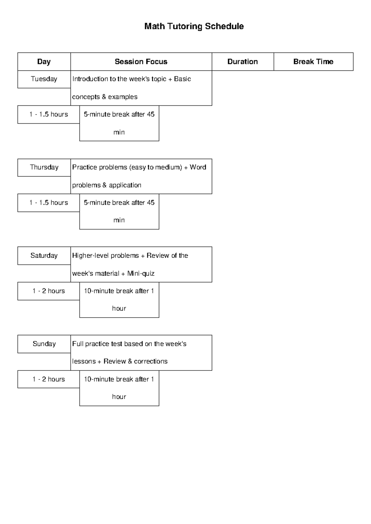 Math Tutoring Schedule Improved - Math Tutoring Schedule Day Session ...