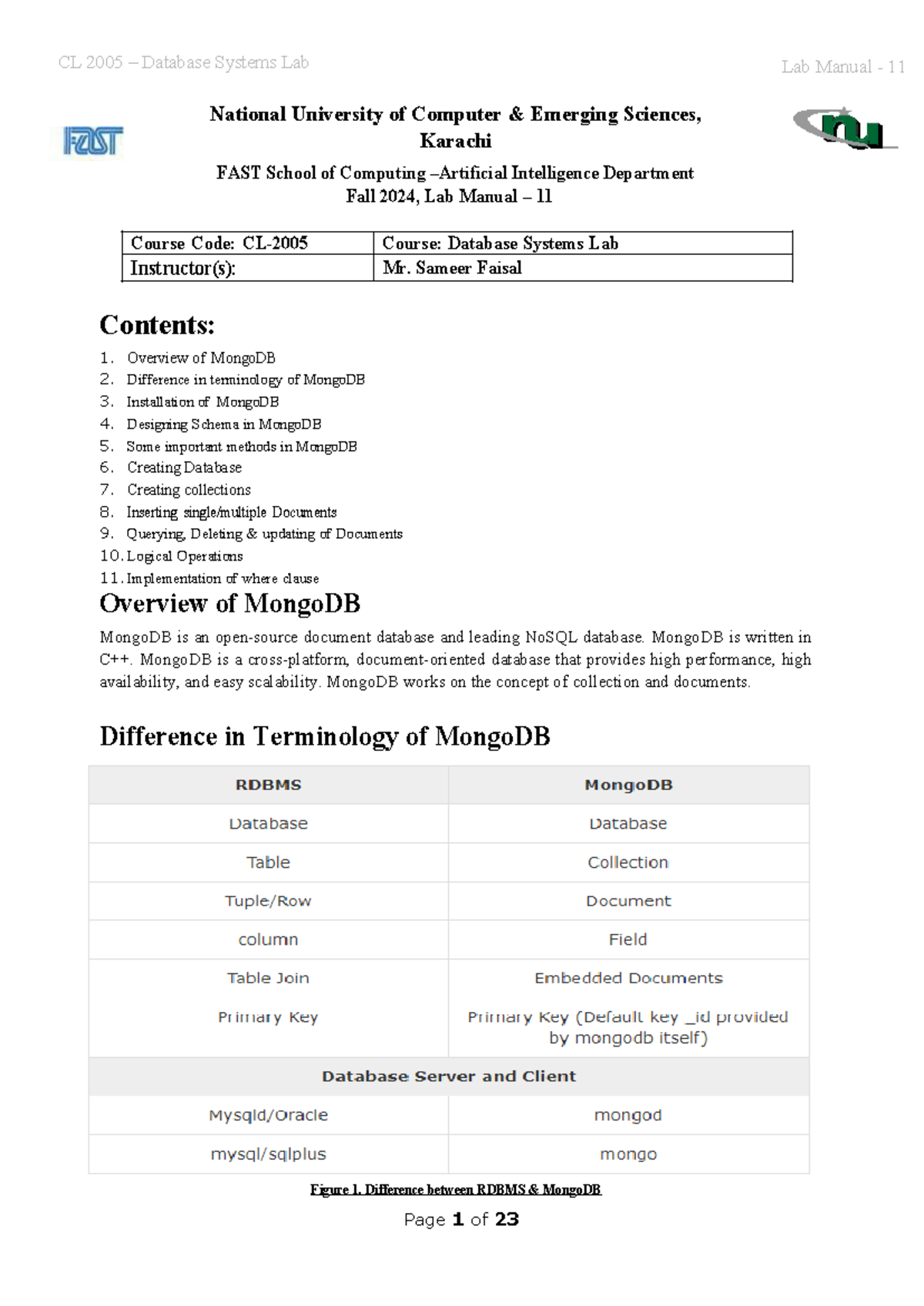 Lab - 11: MongoDB Concepts and Implementation CL-2005 - Studocu