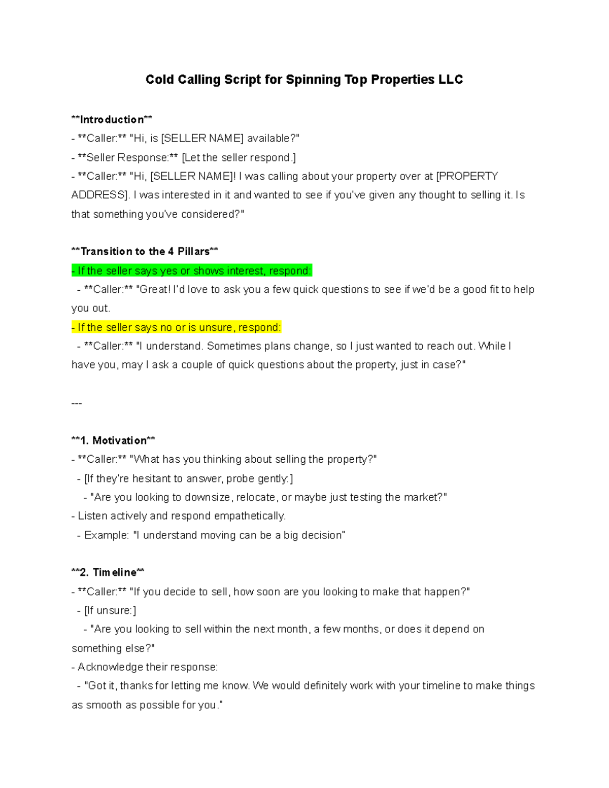 Cold Caller Script for Spinning Top Properties LLC - Studocu