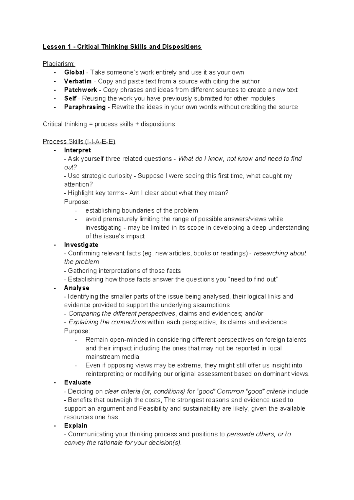 G122 Critical Thinking: Skills, Dispositions, and Fallacies Notes - Studocu