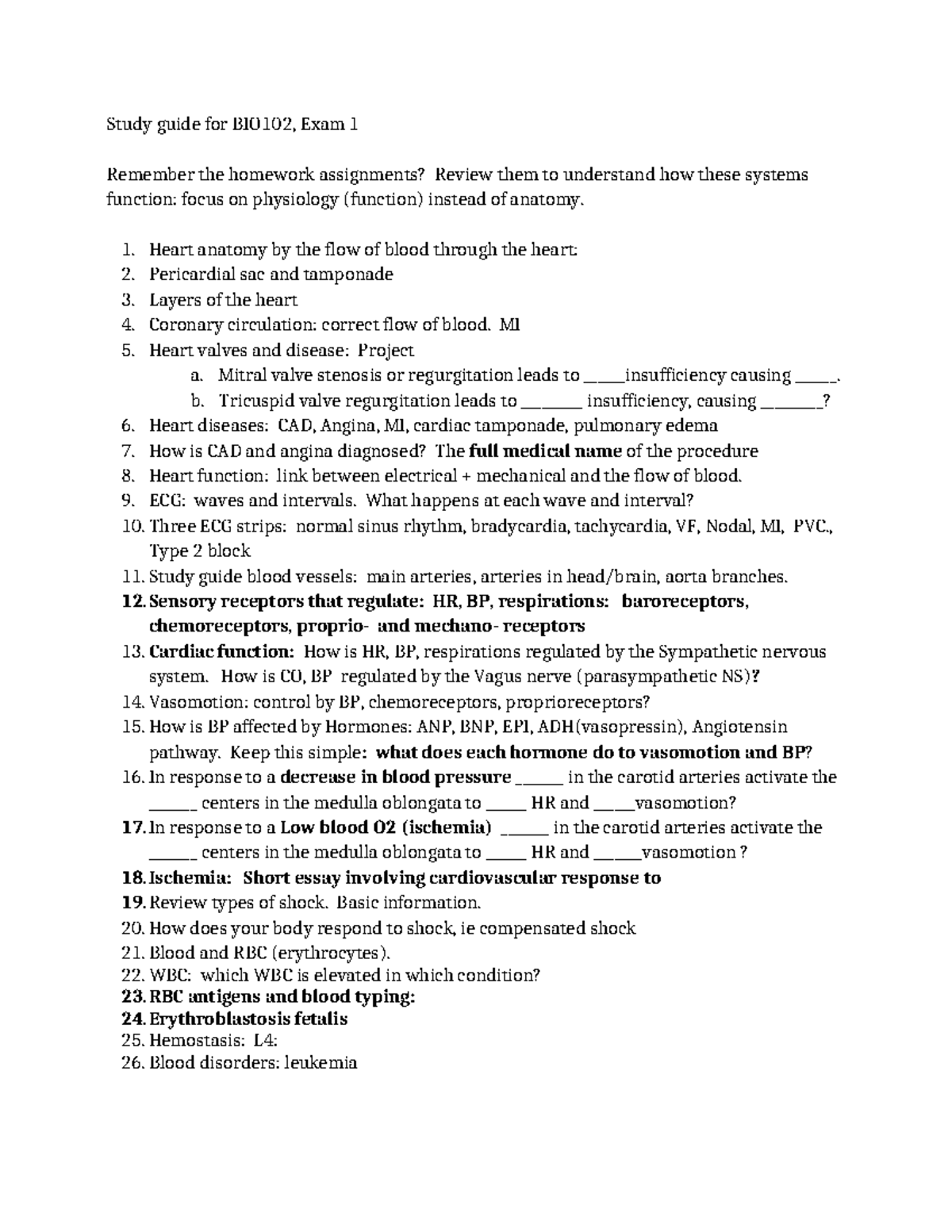 BIO102 Exam 1 Study Guide: Key Concepts in Cardiovascular Physiology ...