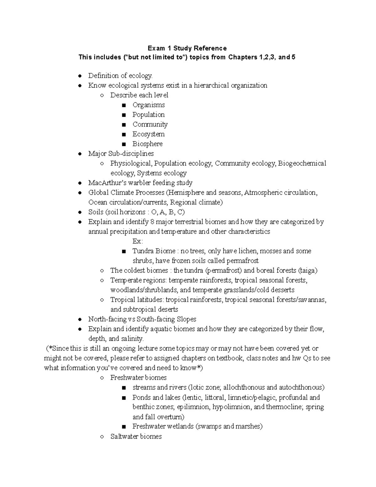 Ecology 317 Exam 1 Study Guide: Key Concepts & Review Topics - Studocu