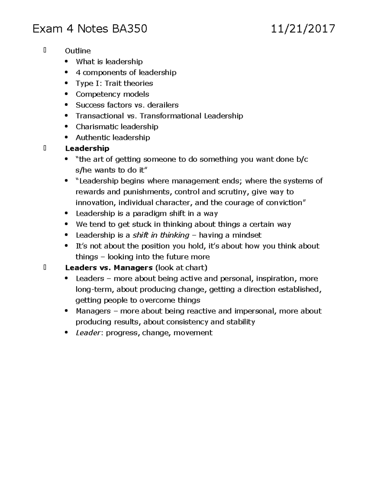 Detailed Exam 4 Class Notes Chung - Exam 4 Notes BA350 Outline What is  leadership 4 components of - Studocu