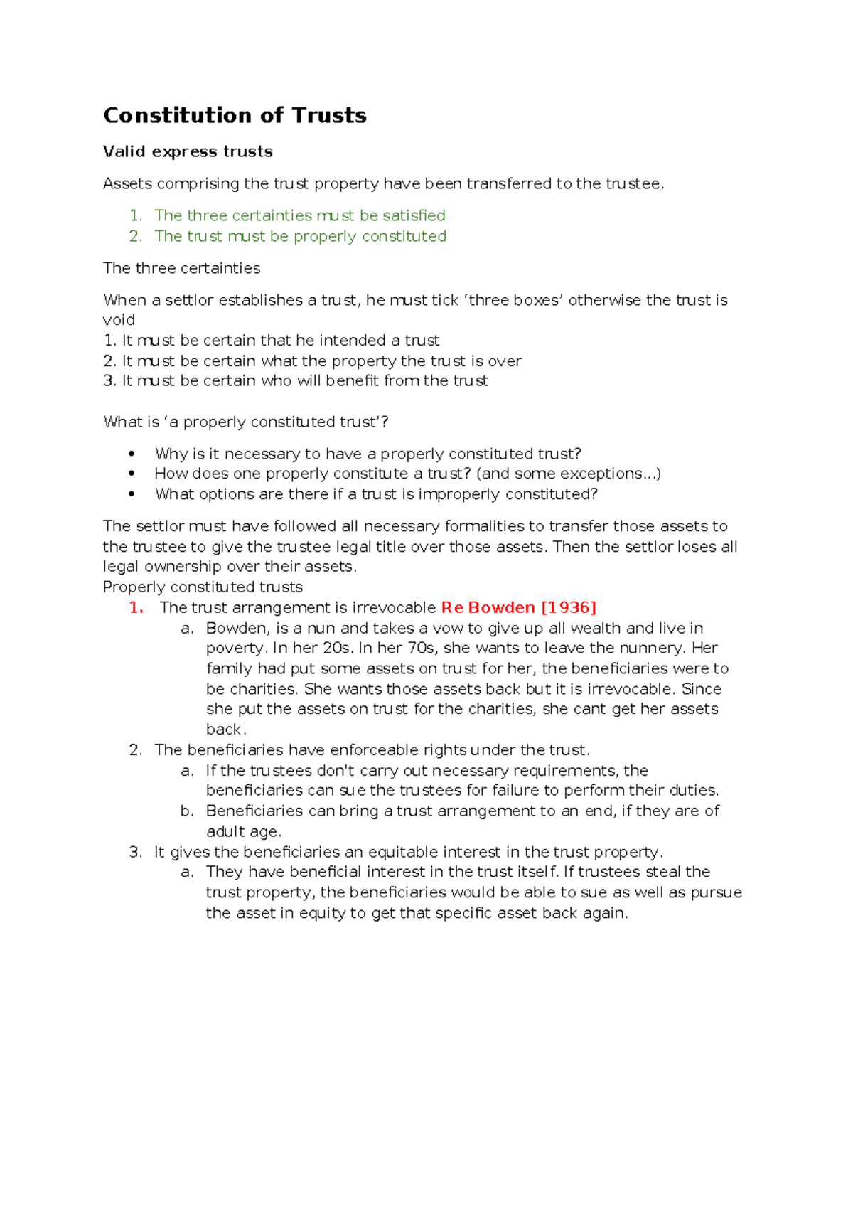 Constitution of Trusts: Validity, Certainties, and Enforcement - Studocu