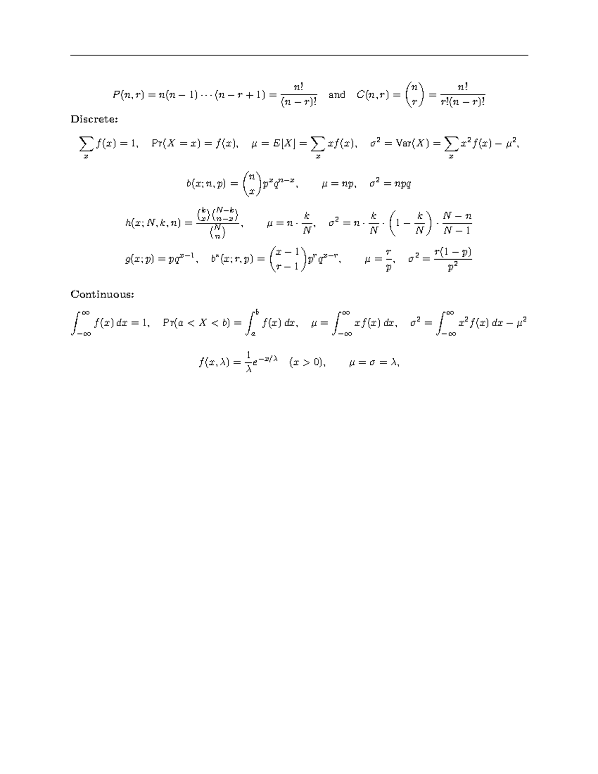 Formula Sheet for Test 2: Discrete & Continuous Distributions - Studocu