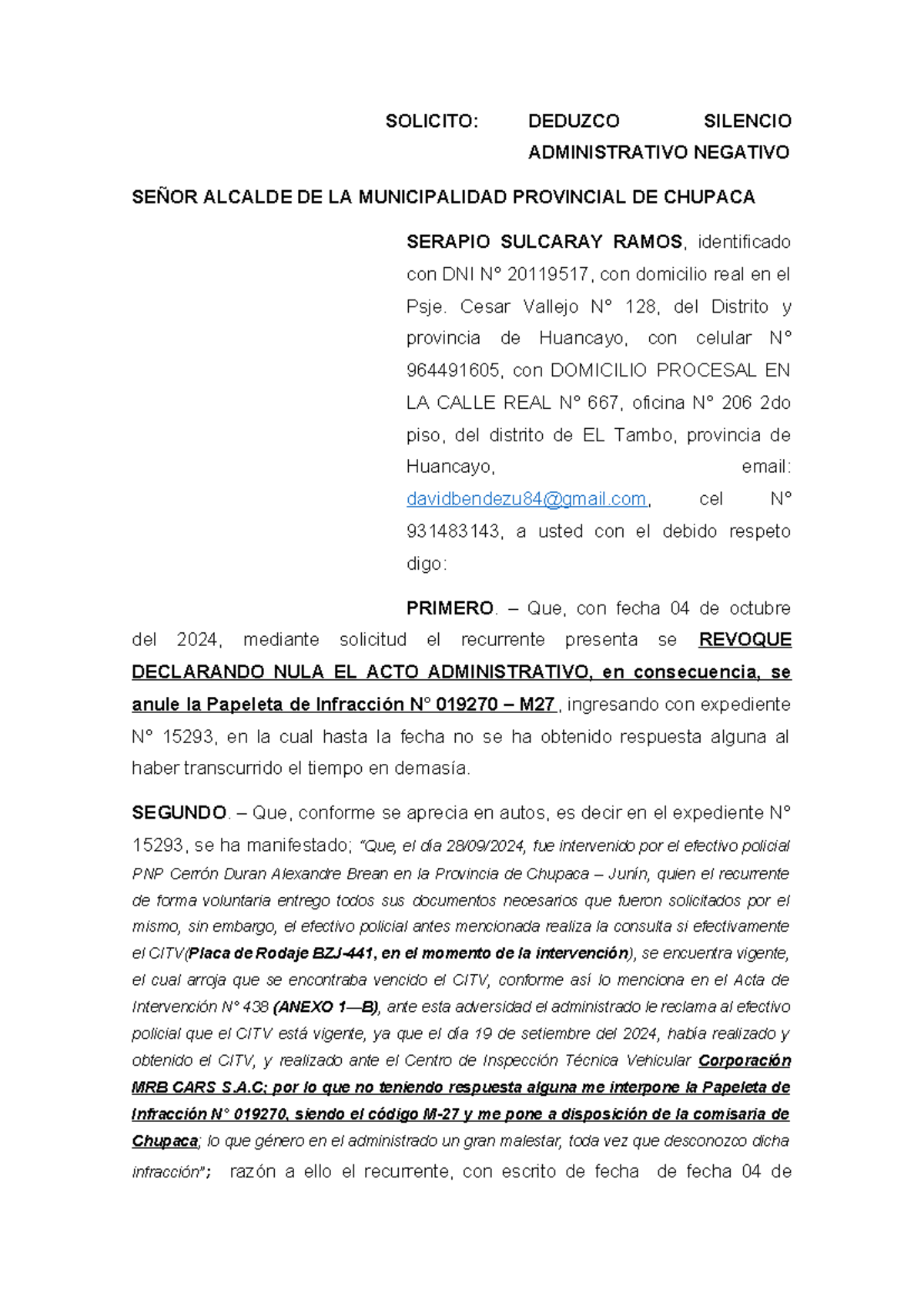 Solicitud de Silencio Administrativo Negativo - Expediente N° 15293 - Document Preview