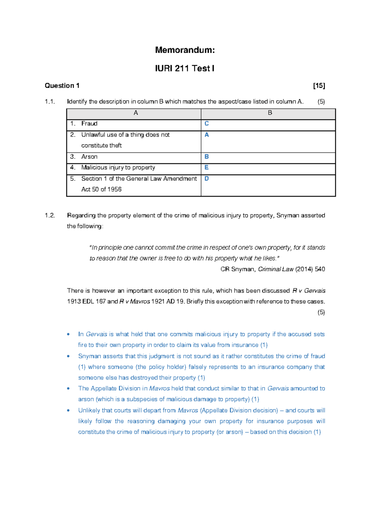 IURI 211 Test I Memorandum: Key Insights and Case Analysis - Studocu