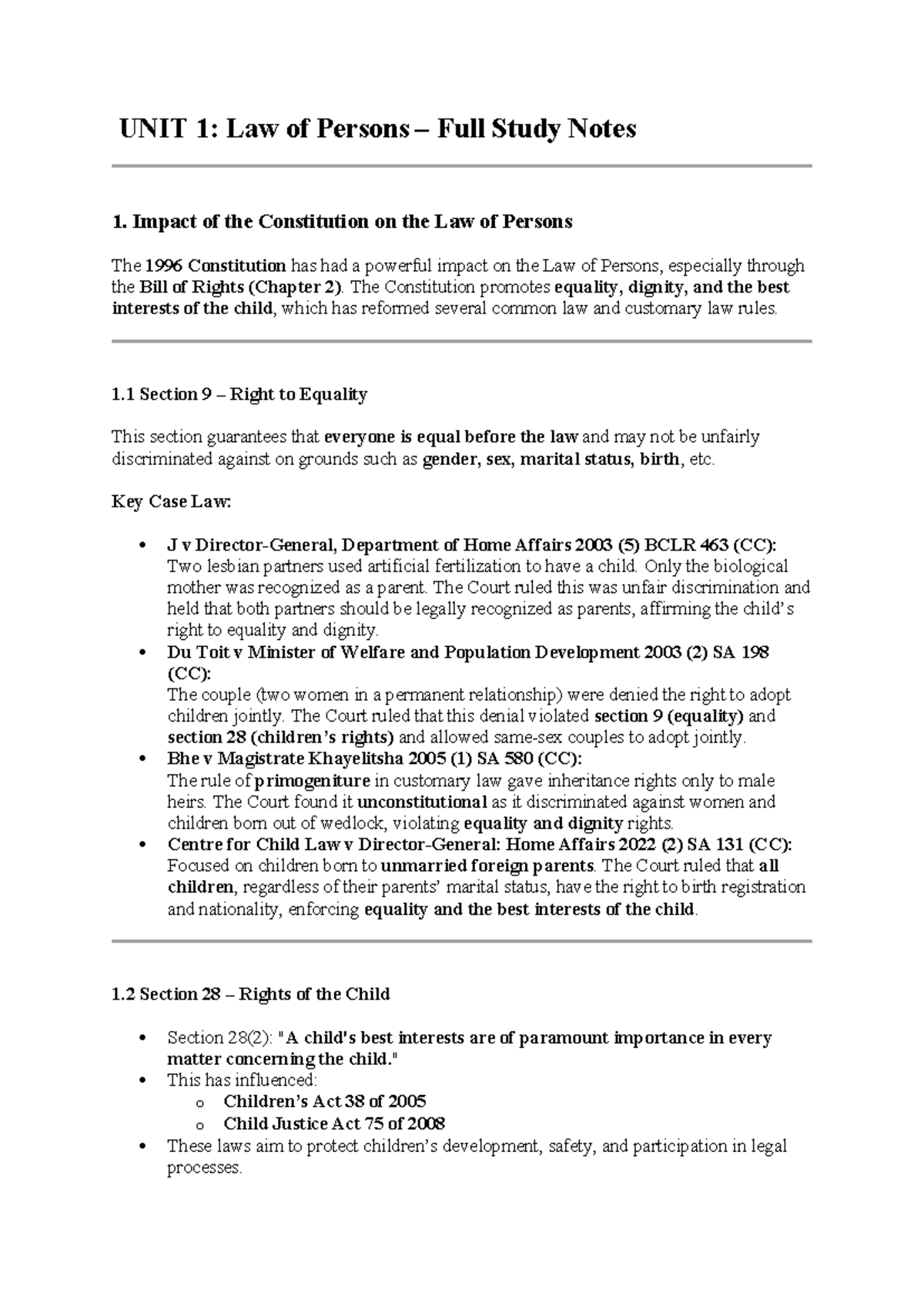 Unit 1 Study Notes: Law of Persons and Constitutional Impact - Studocu