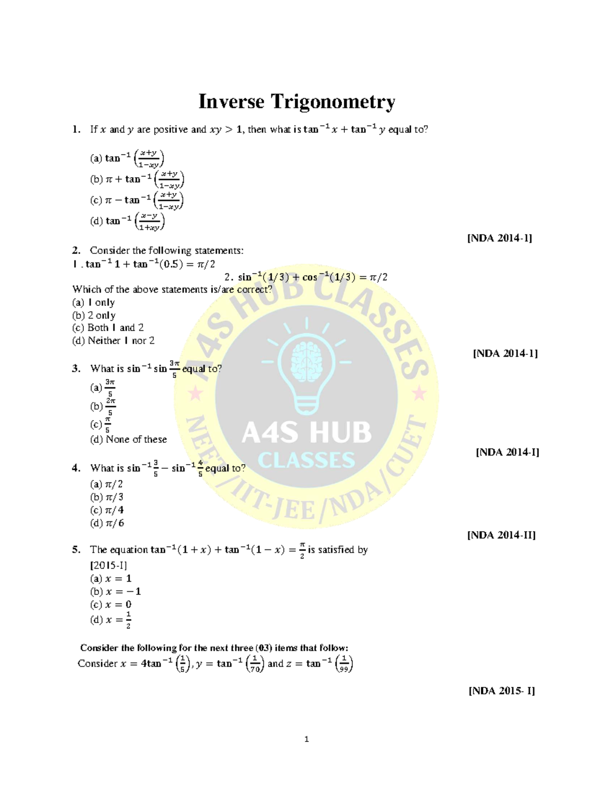 Inverse Trigonometry - NDA Exam Preparation Notes - Studocu