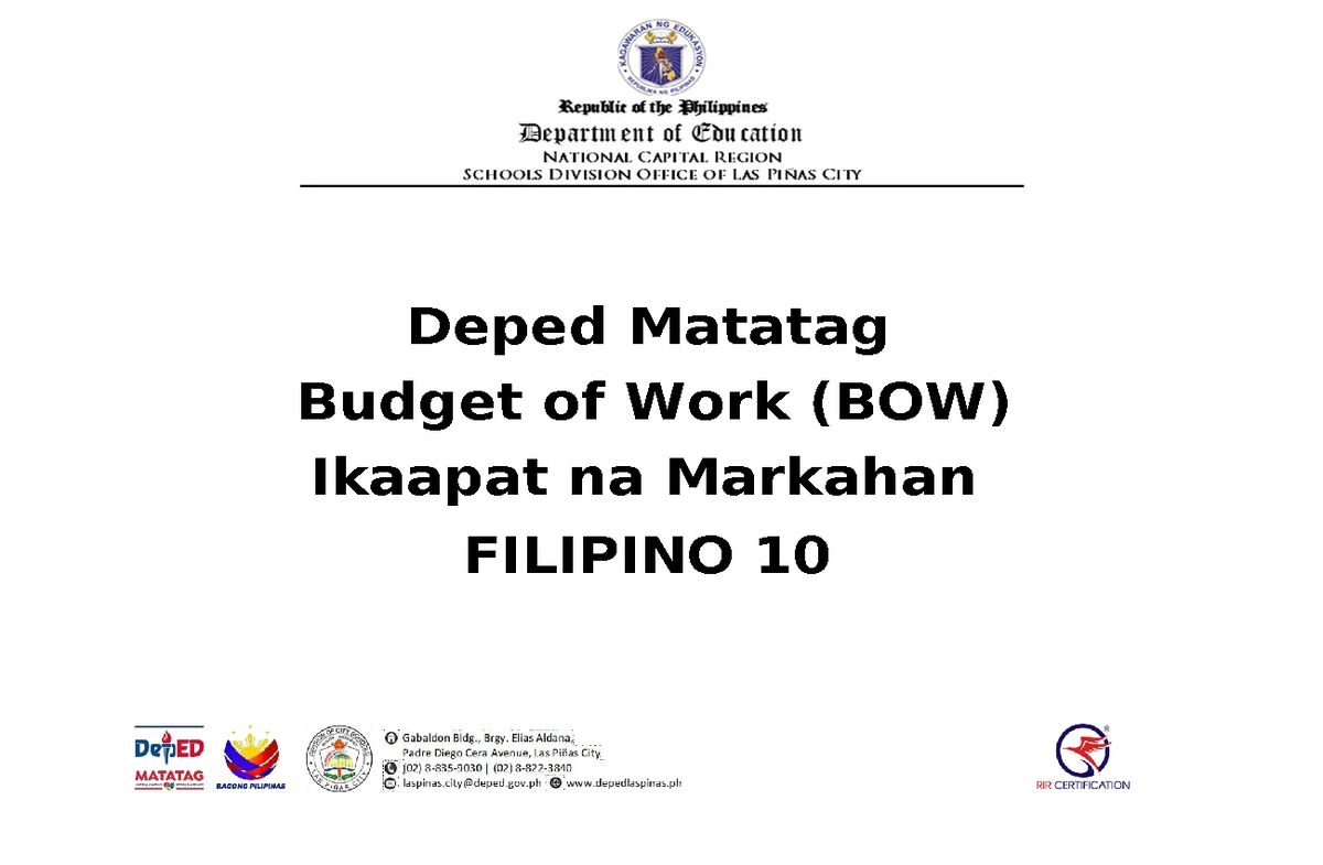 Unpacked Dbow Filipino - UNPACKED MELCs Definitive Budget of Work (DBOW ...