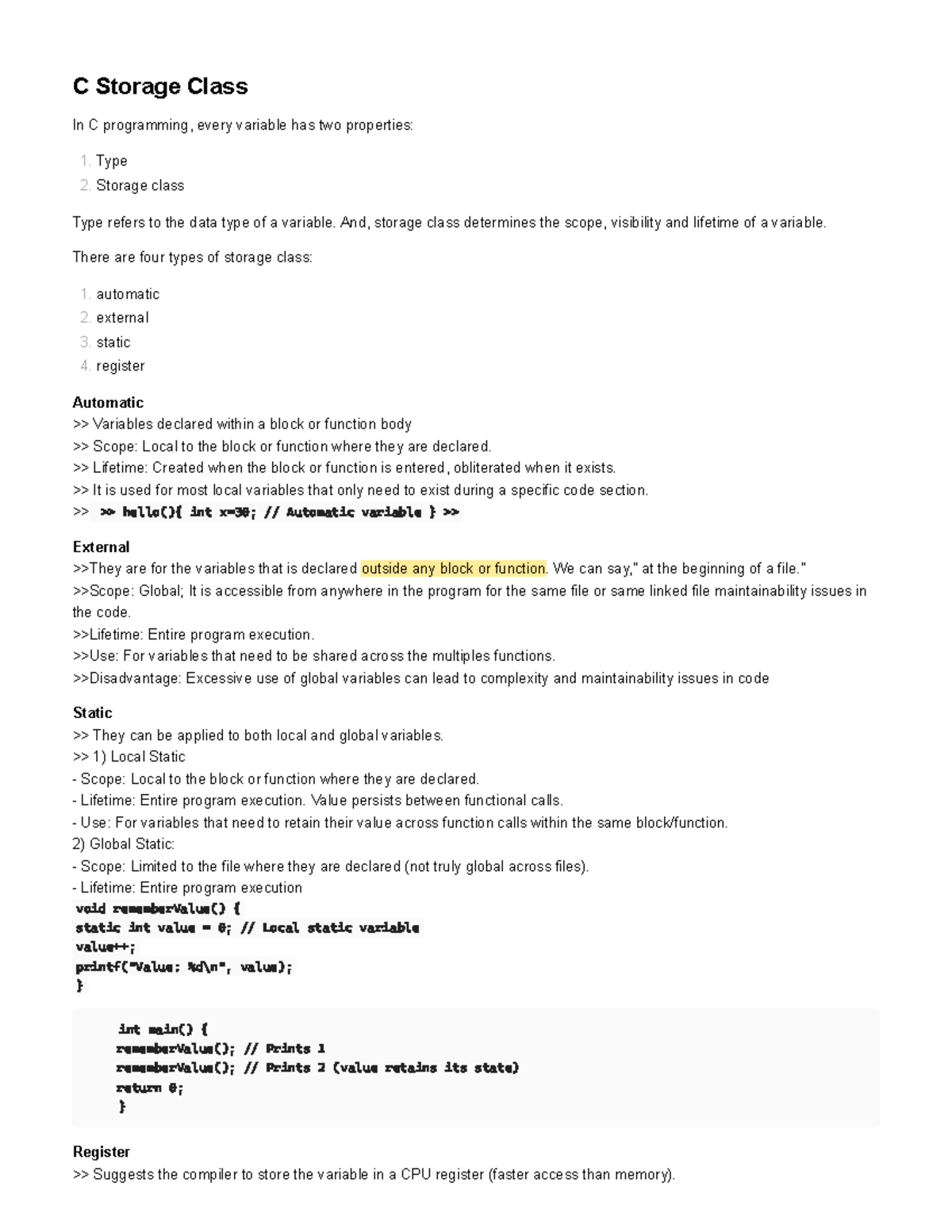 C Storage Class Overview: Types and Characteristics in C Programming ...