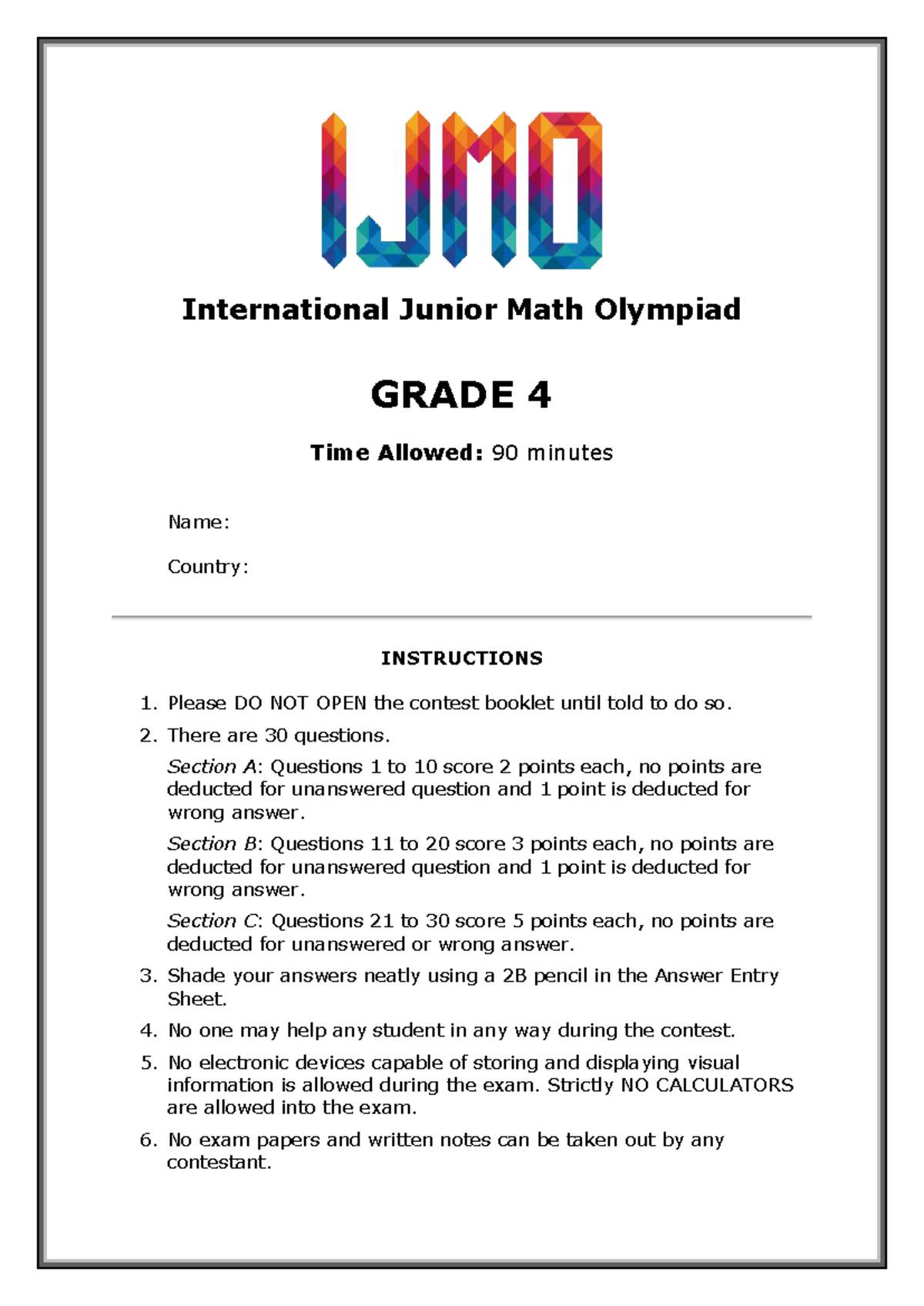 International Junior Math Olympiad GRADE 4 Past Year Paper - Studocu