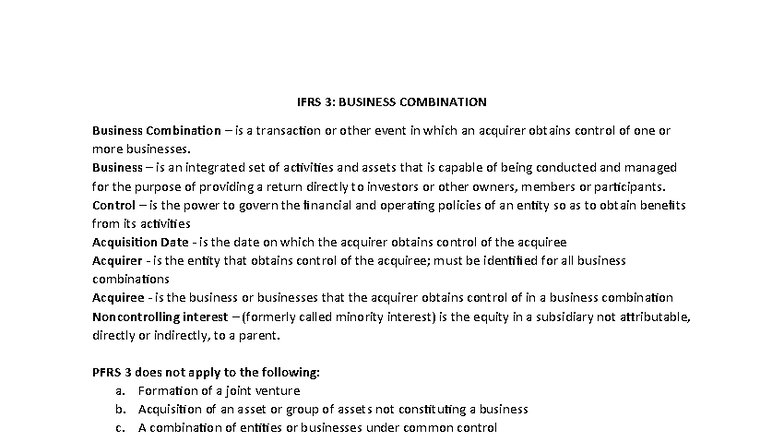 PFRS 3: Business Combination Notes and Key Concepts - Studocu
