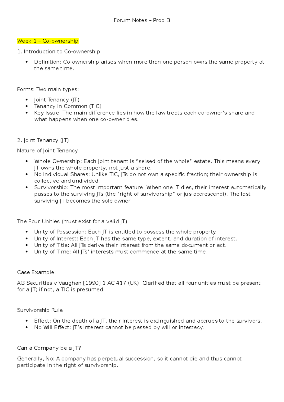 Property Law Forum Notes: Joint Tenancy & Mortgages Overview - Studocu