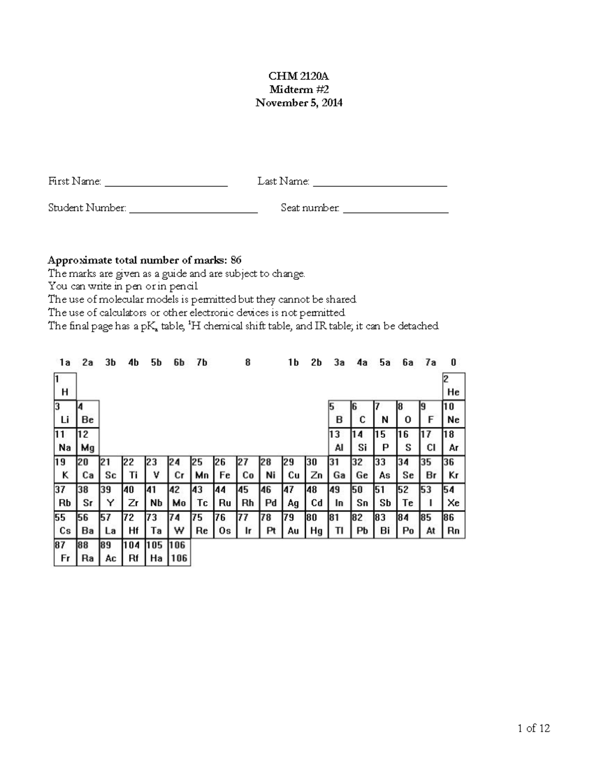 Midterm 2 6 February 2014, questions and answers - CHM 2120A Midterm ...