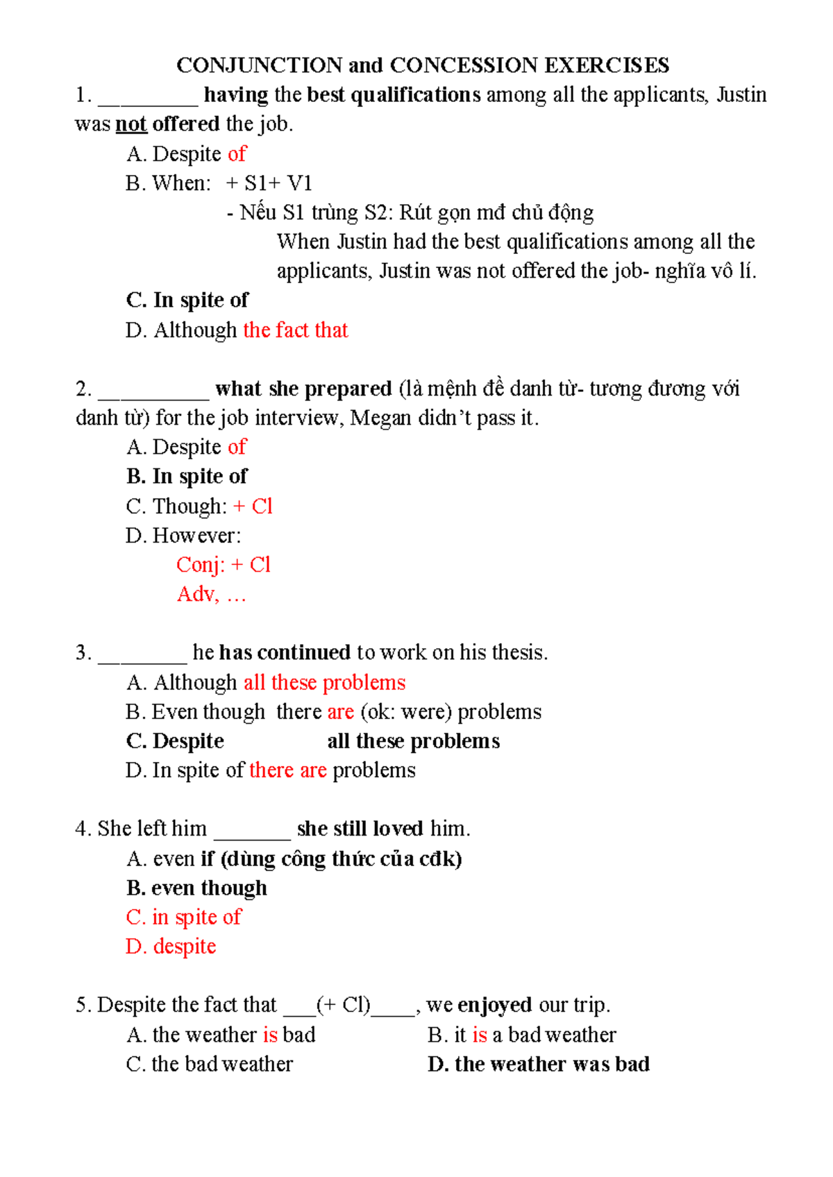 CONJUNCTION AND CONCESSION EXERCISES 2 - TIẾNG ANH - Studocu