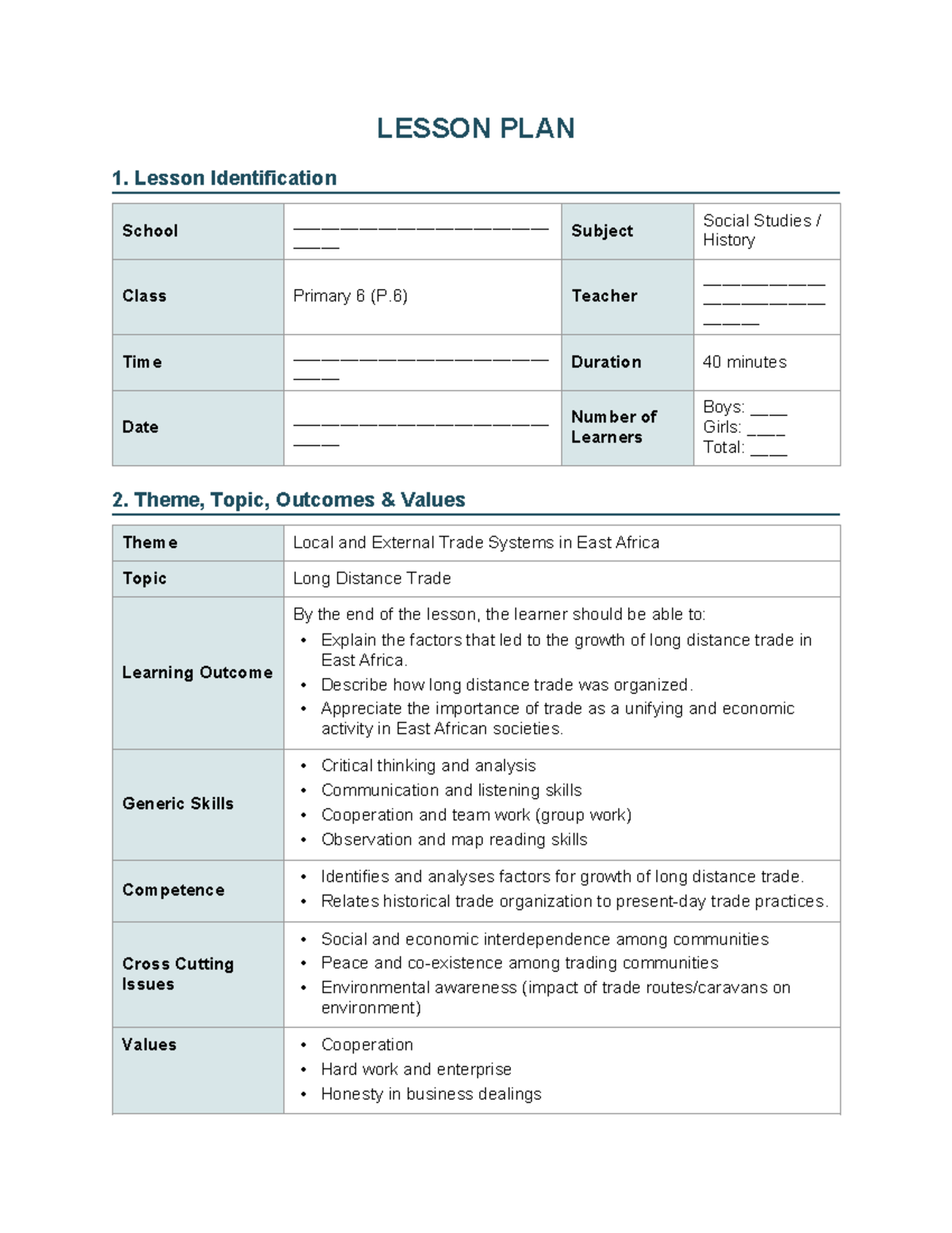 P6 Social Studies Lesson Plan: Long Distance Trade in East Africa - Studocu