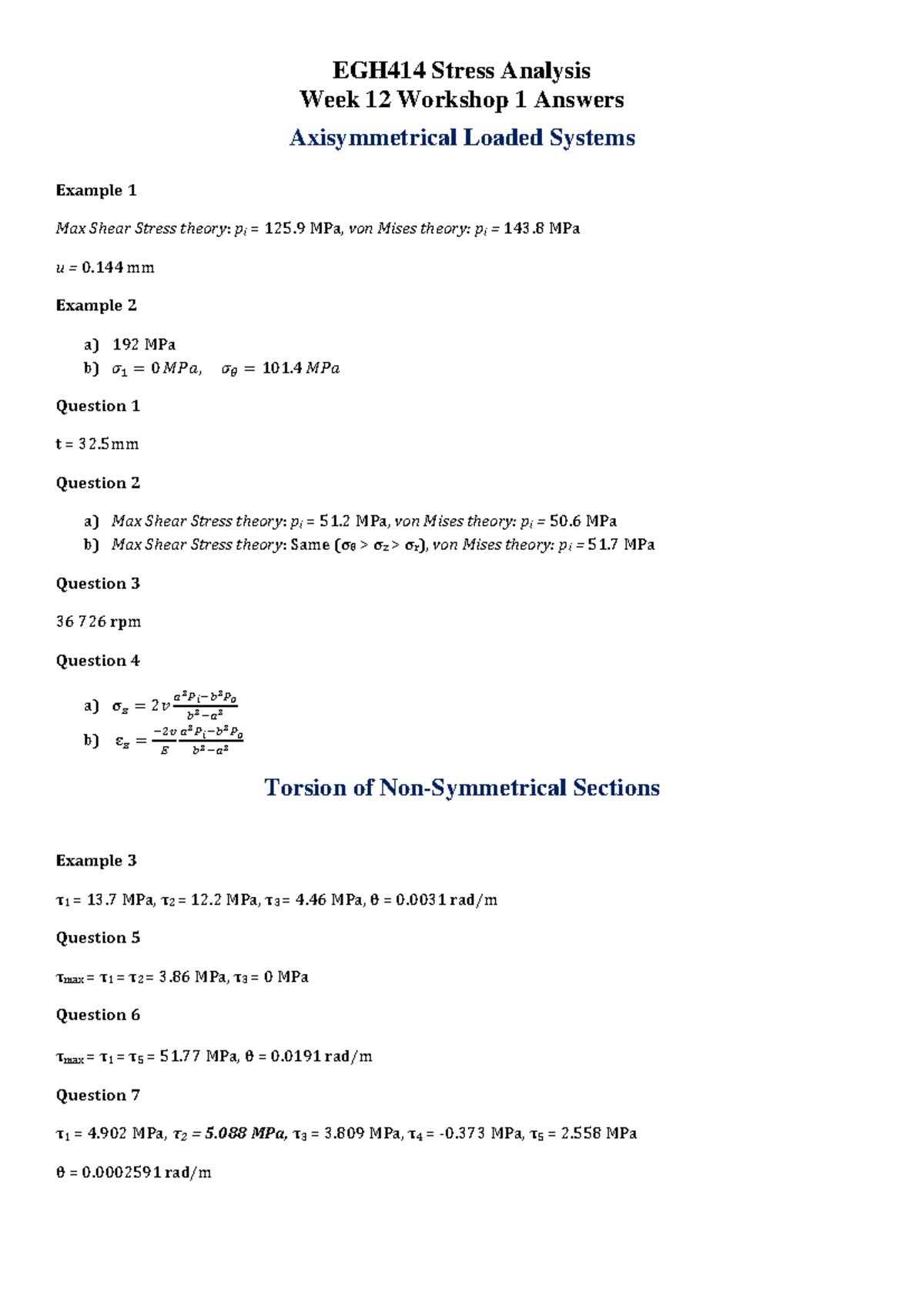 EGH414 Week 12 Workshop 1 Answers - Stress Analysis & Torsion - Studocu