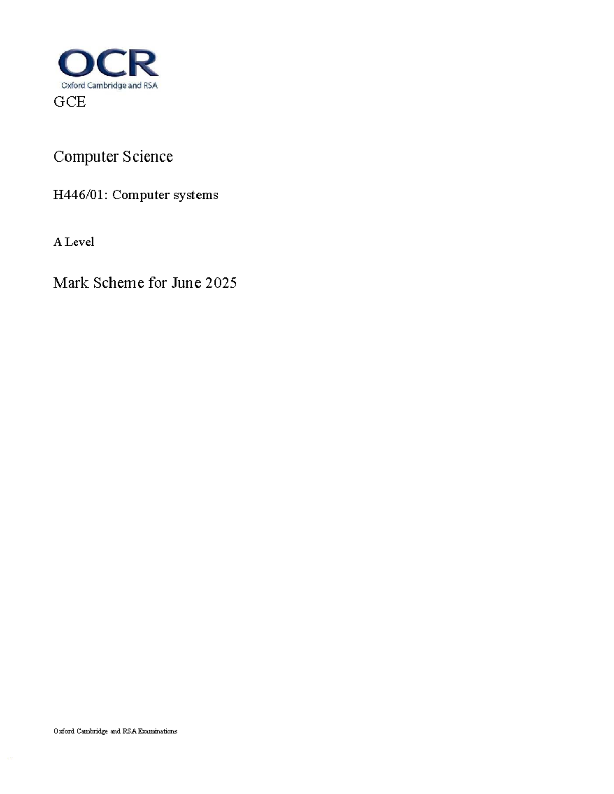 OCR A Level CS Paper 1 Mark Scheme - June 2025 - Studocu