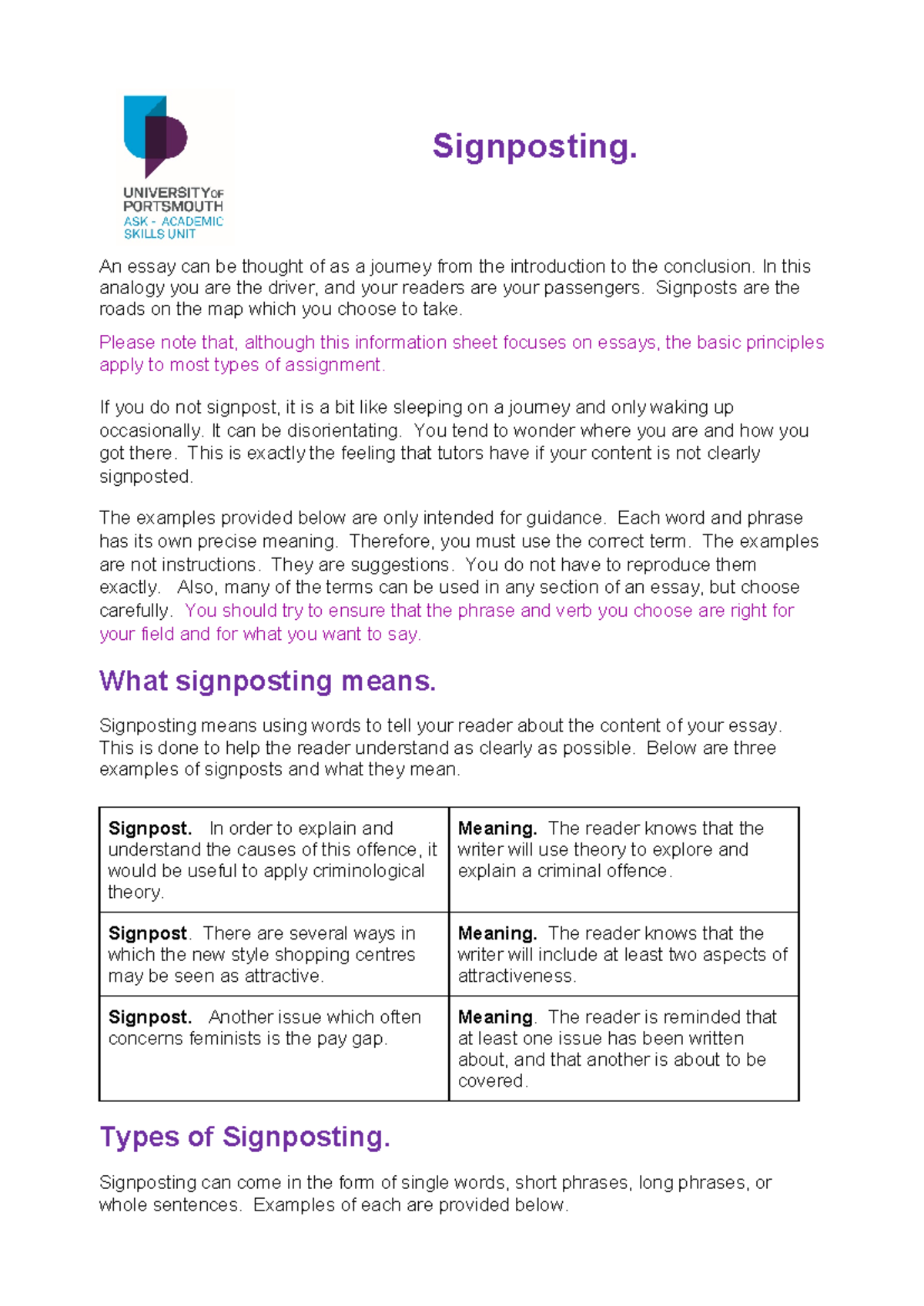 Good Signposting Words