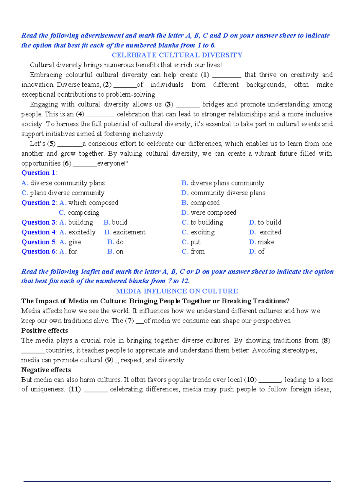 Cultural Diversity and Media Influence: Exam Questions and Answers (004 ...