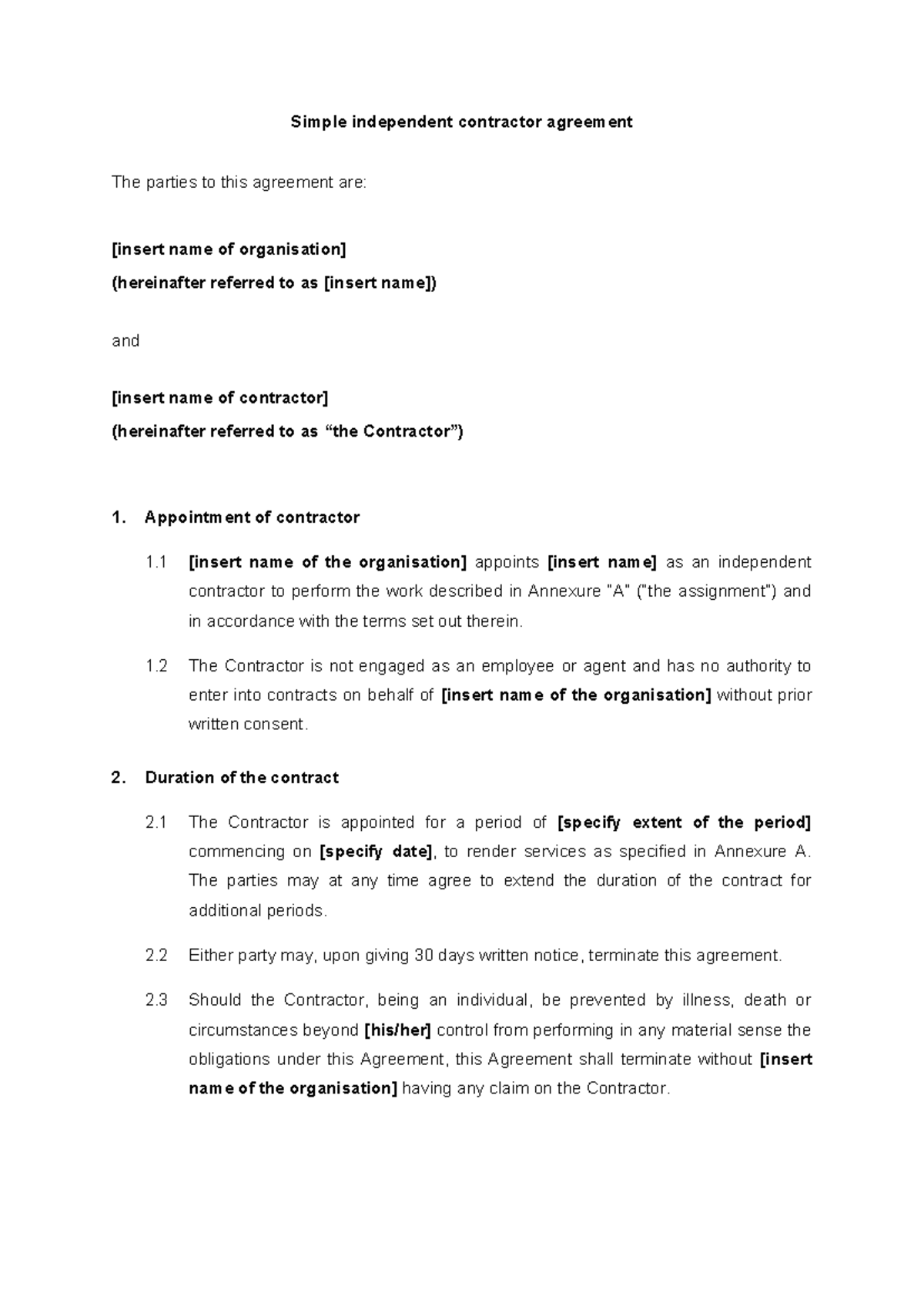 Independent Contractor Agreement Template for Organizational Use - Studocu