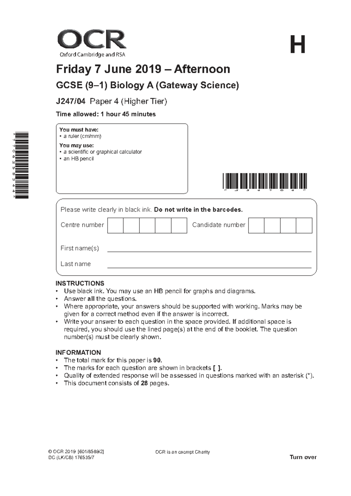 GCSE Biology A (Gateway Science) Paper 4 (Higher Tier) - June 2019 Exam ...