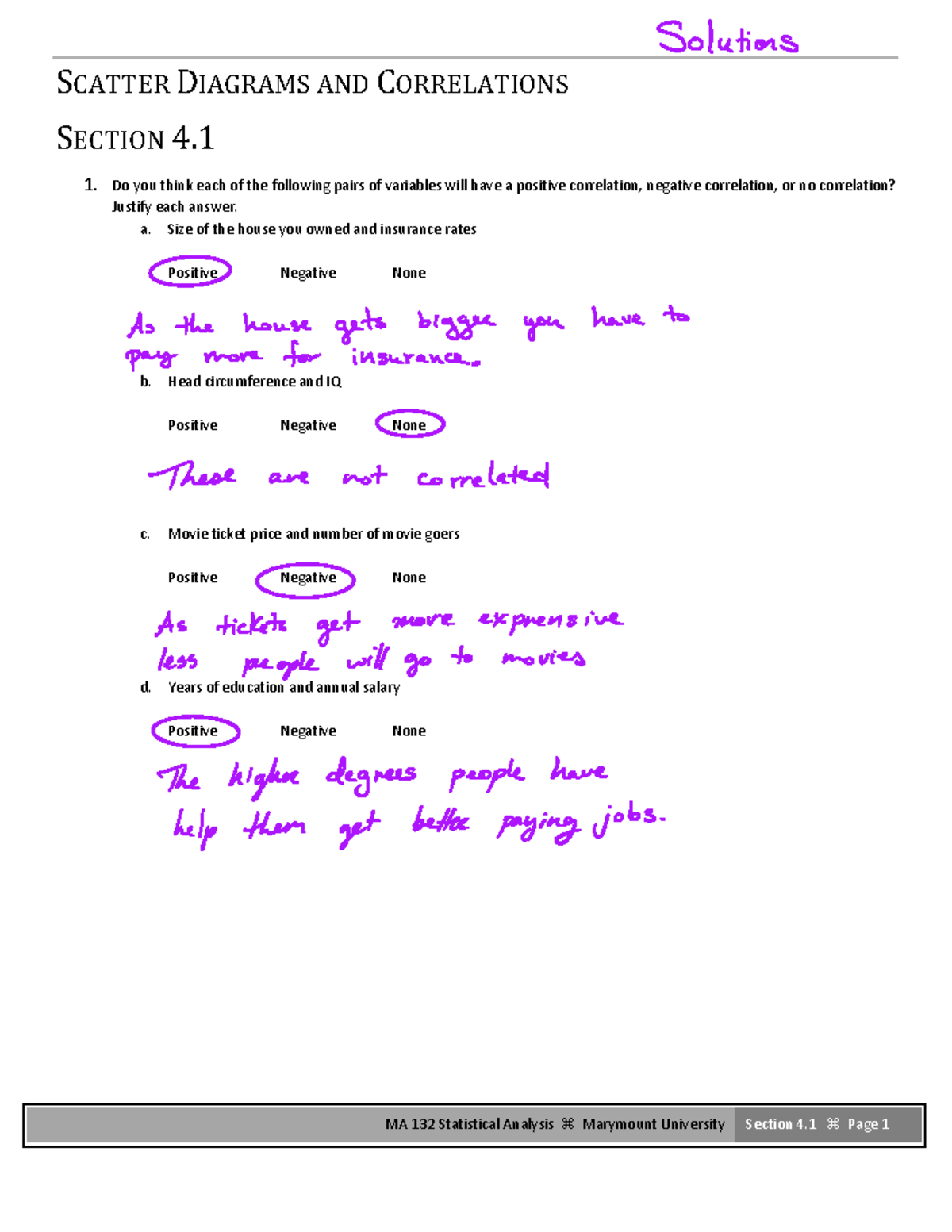 Scatter Diagrams & Correlations - Worksheet Solutions (Sections 4.1-4.2 ...