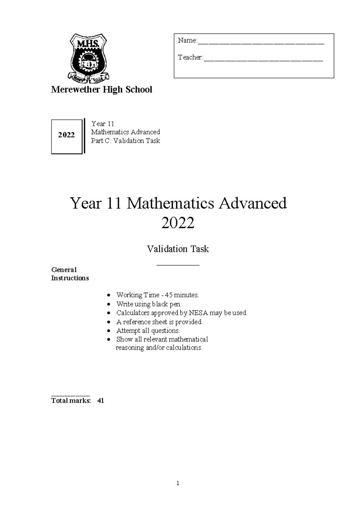 Year 11 Mathematics Advanced 2022 Validation Task Part C Notes - Studocu