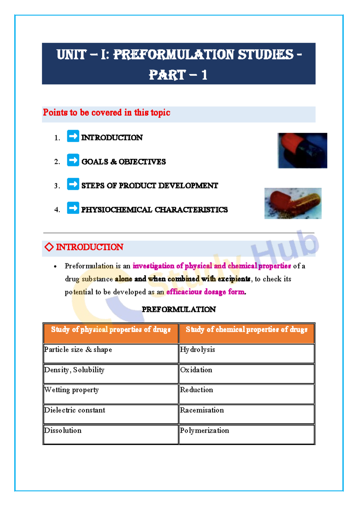 Industrial Pharmacy: Unit I - Preformulation Studies Part 1 - Studocu