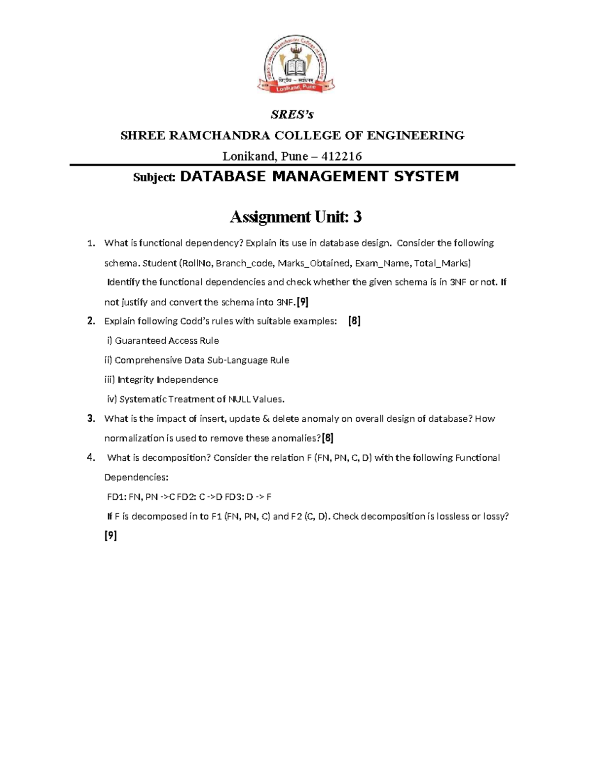 DBMS Assignment Unit 3: Functional Dependency & Normalization - Studocu
