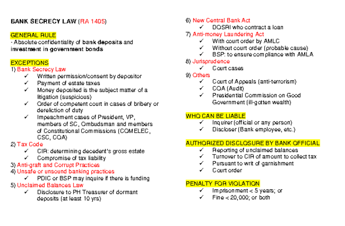 Bank-Secrecy Law Summary: Key Provisions and Exceptions - Studocu