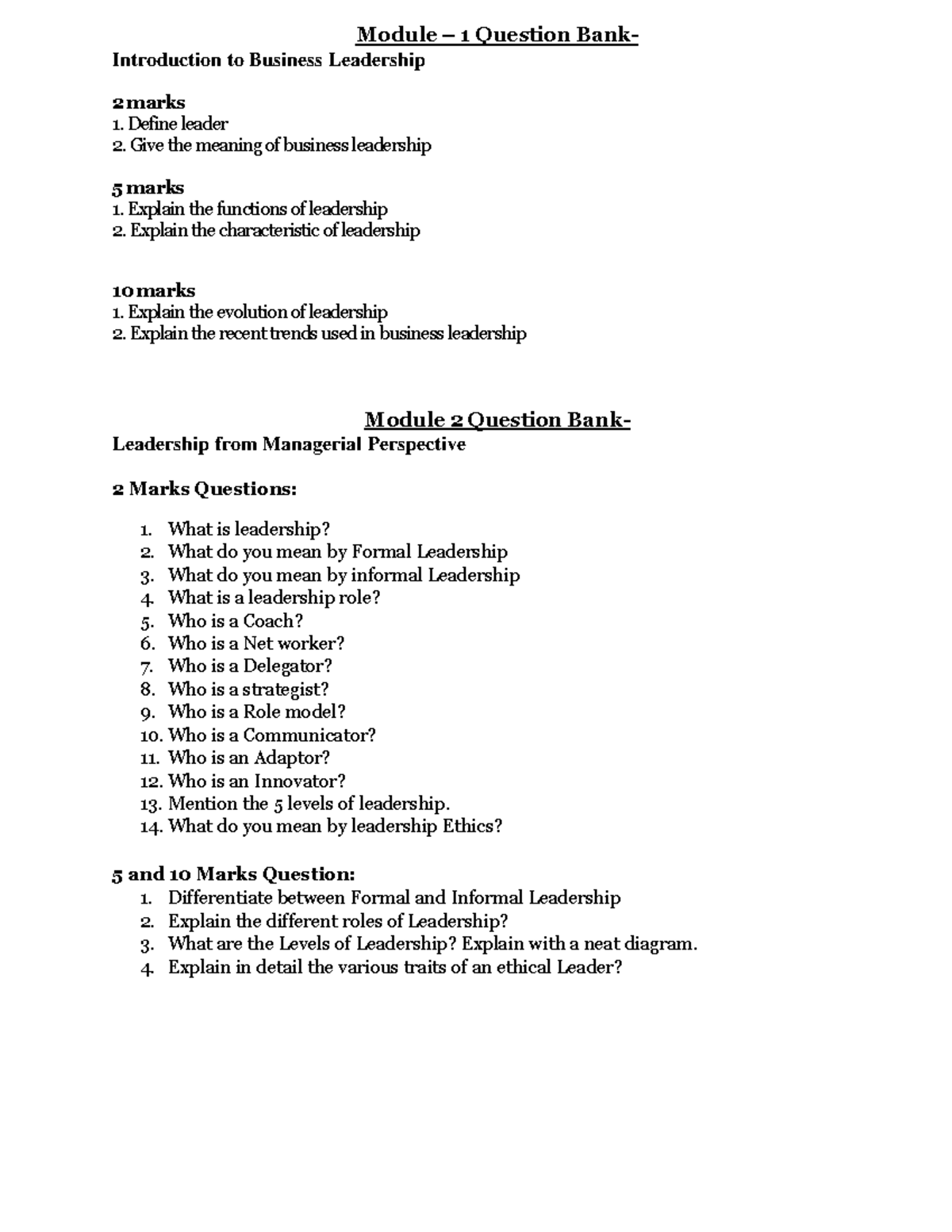 BLS Question Bank: Leadership Skills & Theories Overview - Studocu