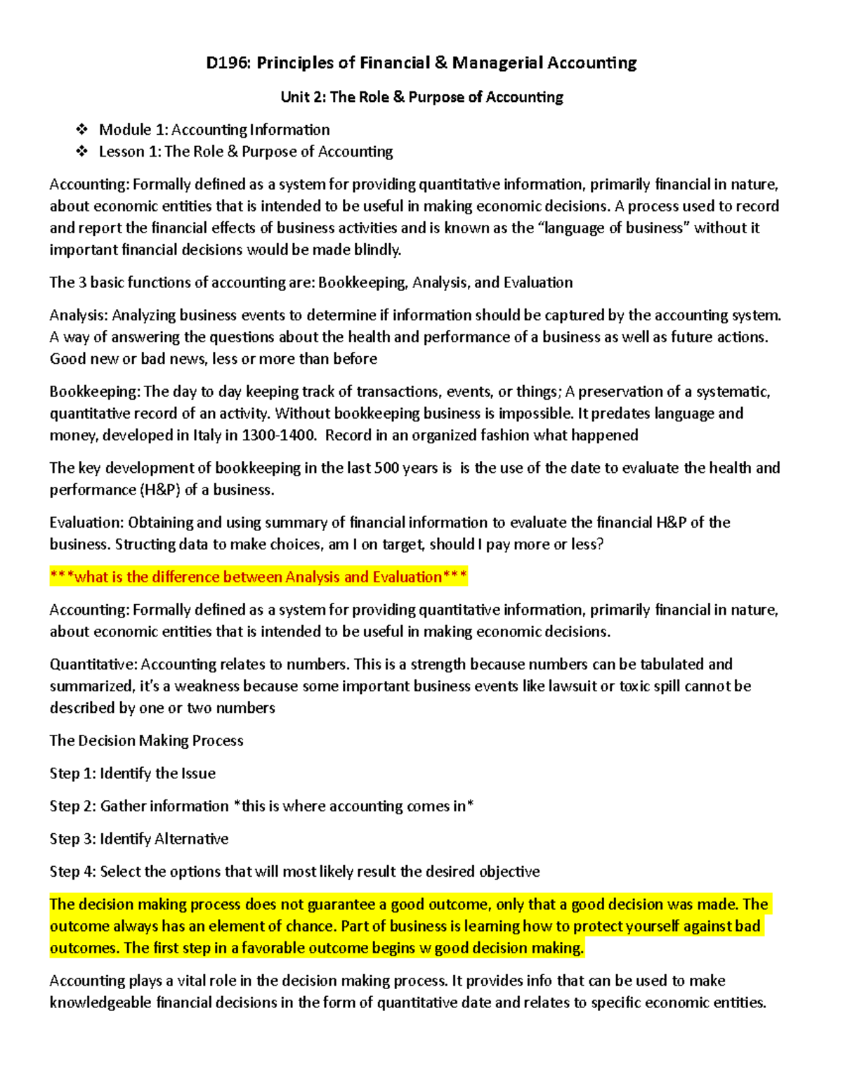 Notes for D196 Managerial and Financial Accounting - D196: Principles ...