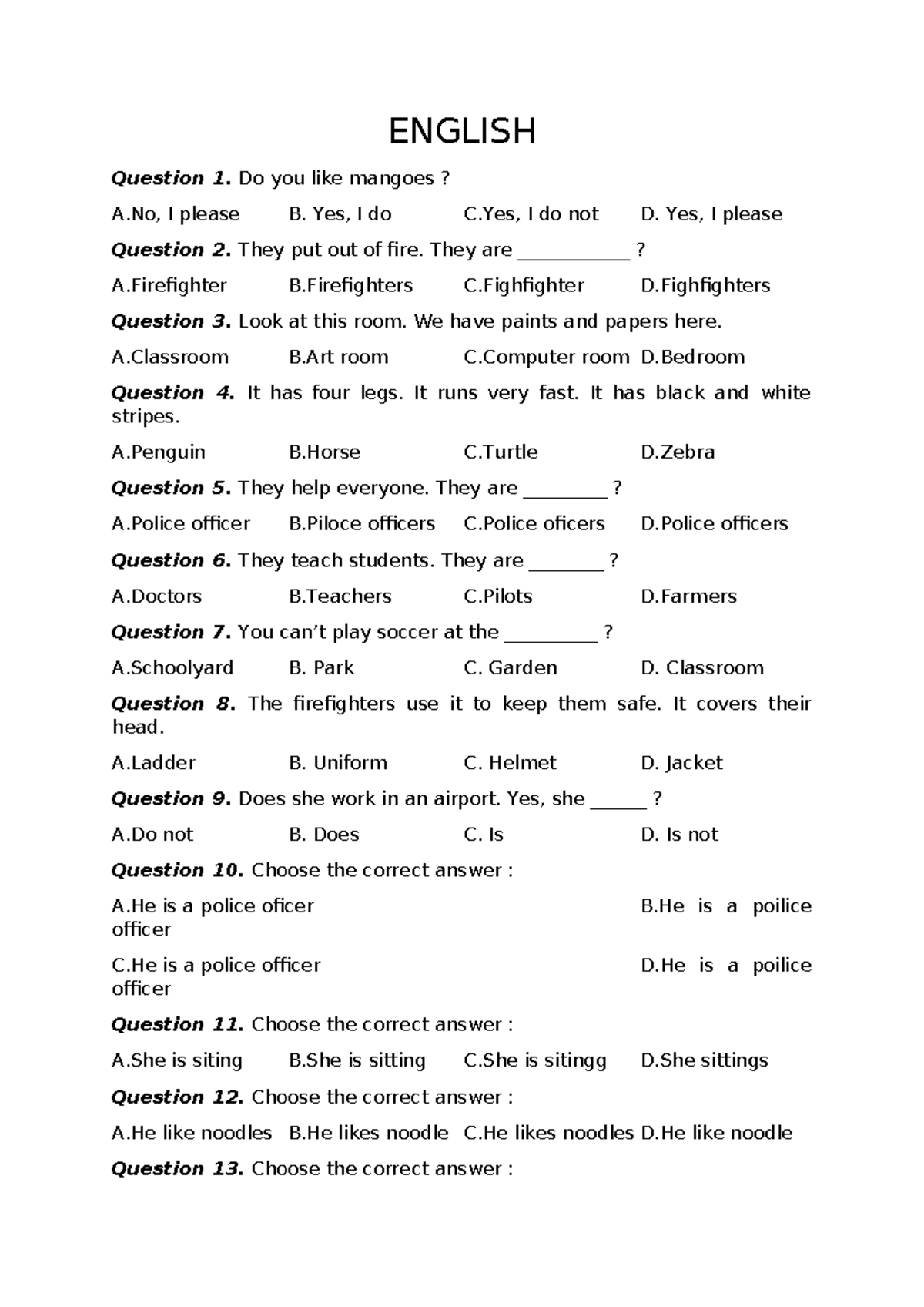 ENGLISH Quiz: Multiple Choice Questions and Answers - Studocu