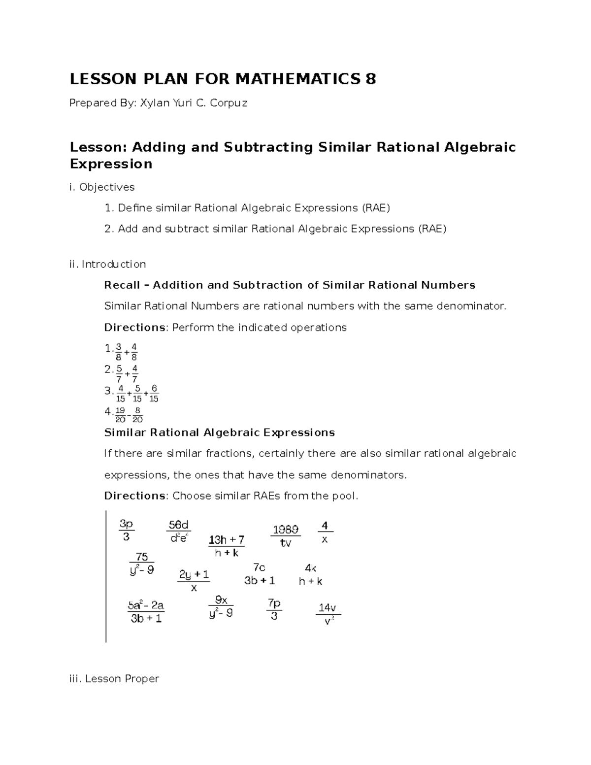 Lesson Plan for Math 8: Adding & Subtracting Similar RAE - Studocu