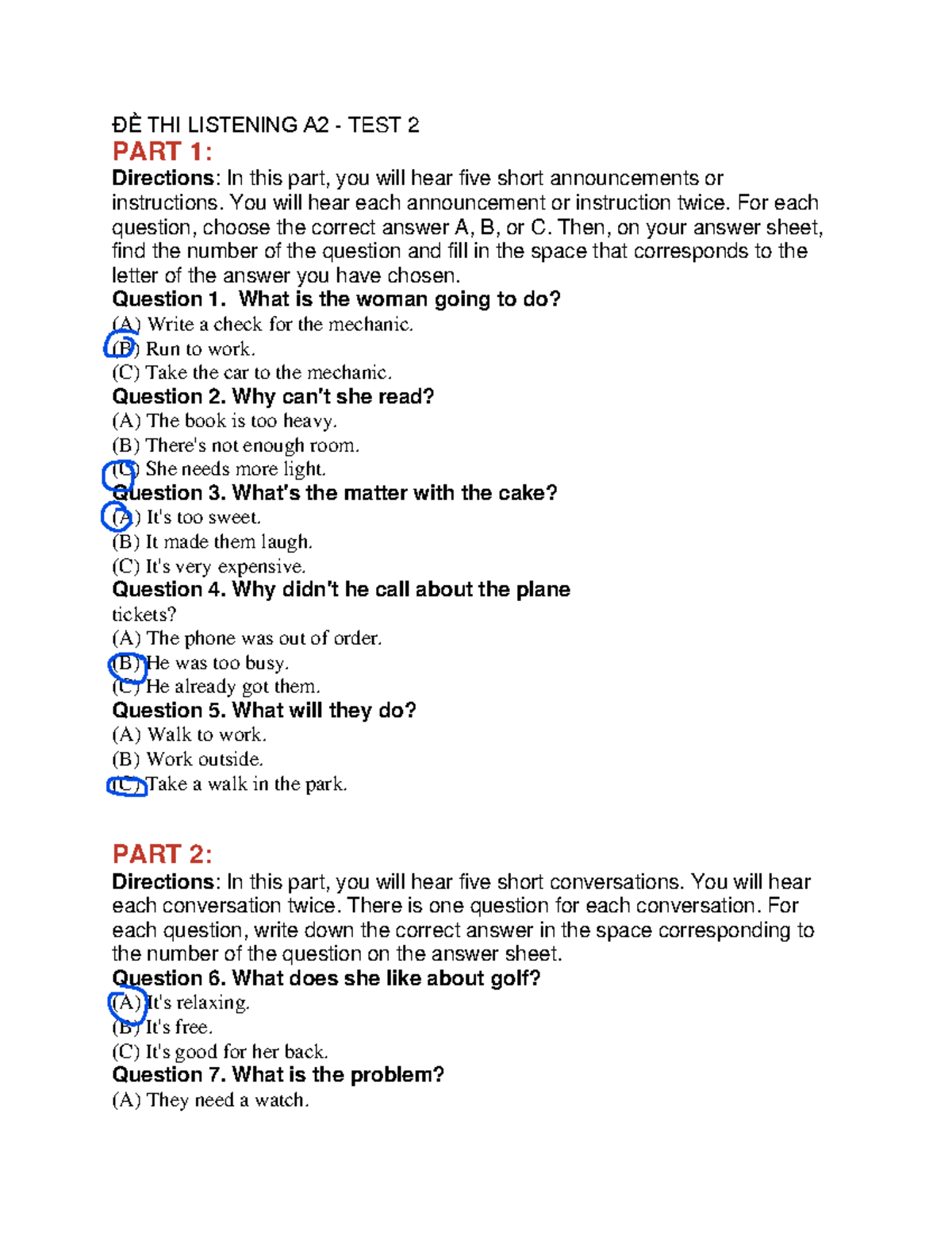 Listening A2 Exam Test 2 Instructions And Questions Studocu