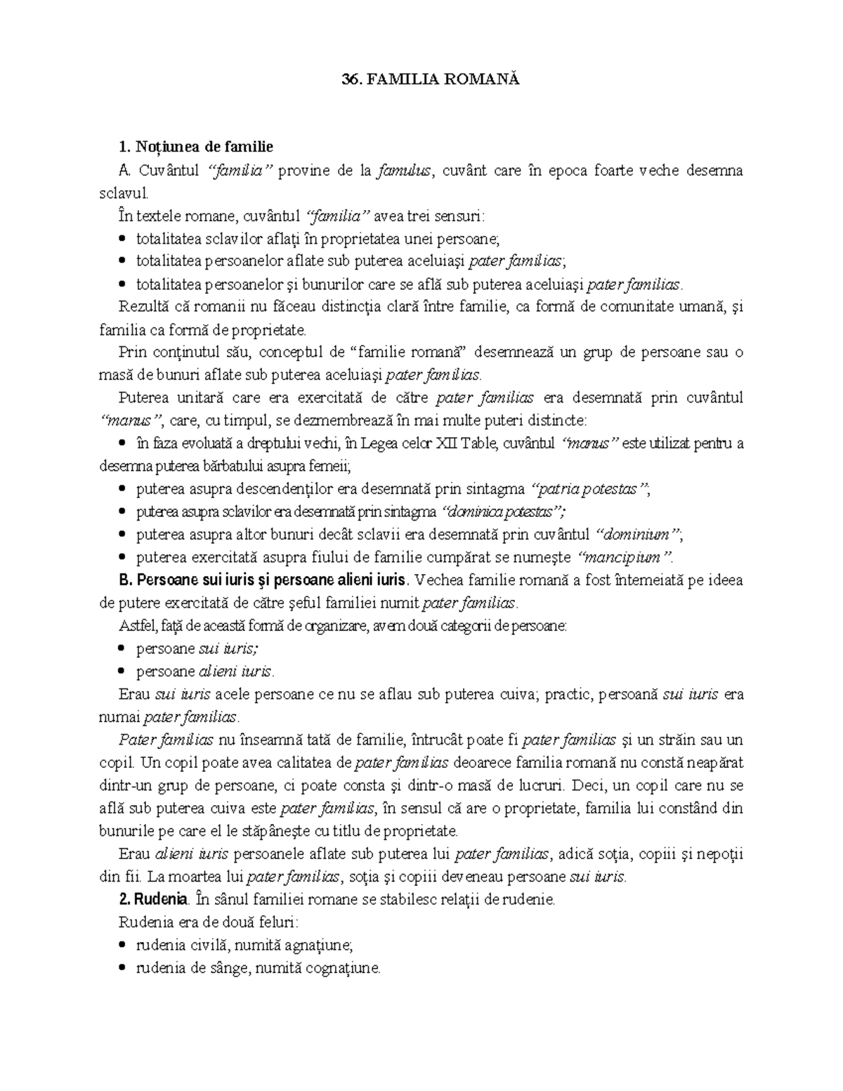 Curs Sapt 5 - Familia Romană: Noțiuni și Rudenie - Studocu