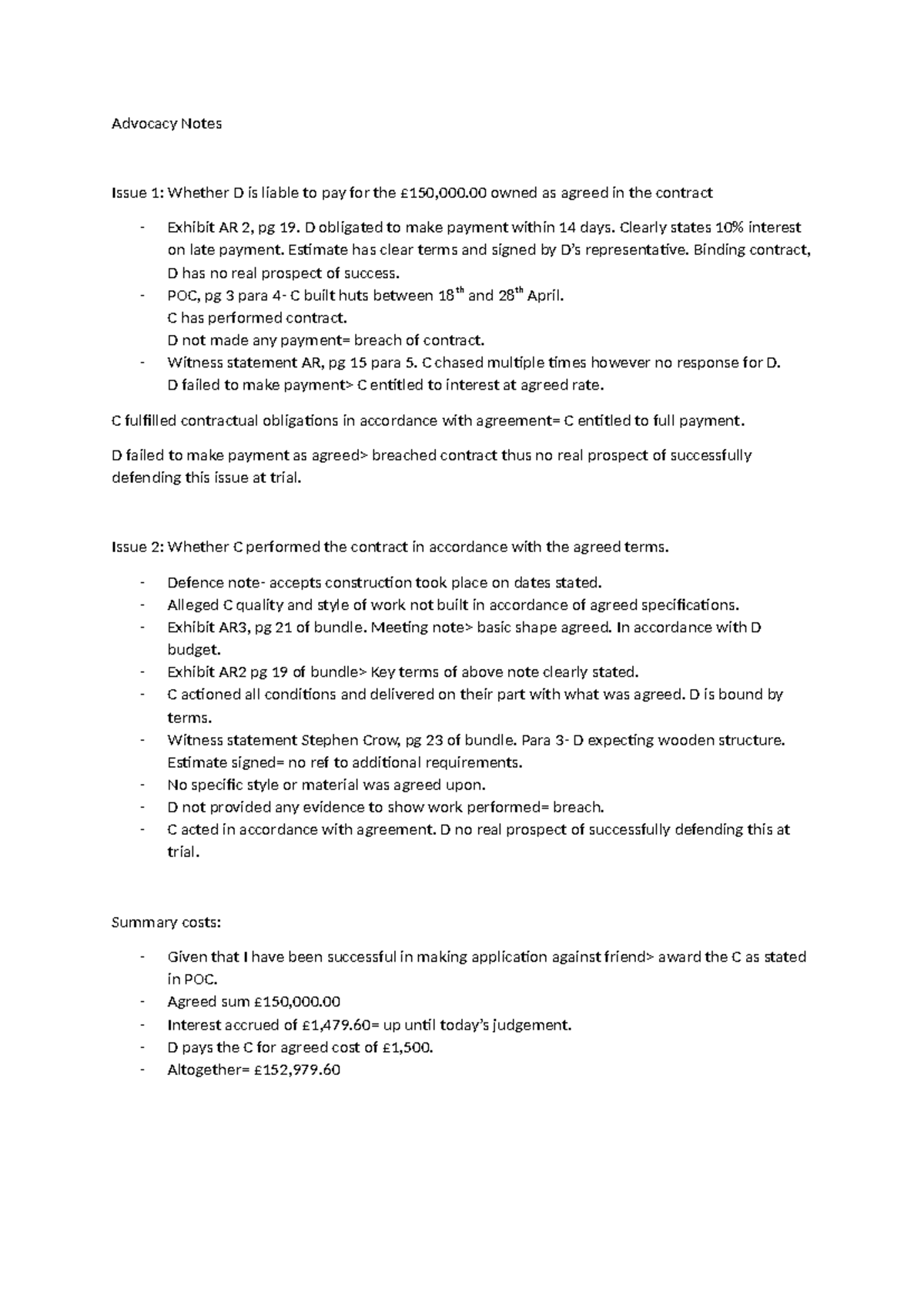 Advocacy Notes: Contract Liability and Performance Analysis - Studocu
