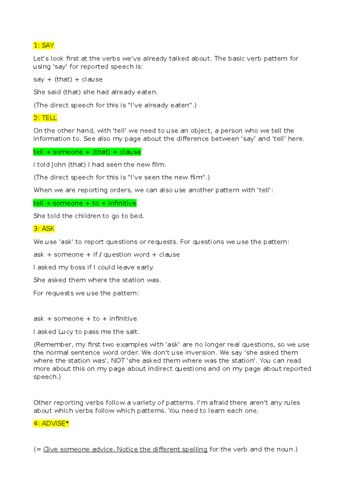 Verbs Pattern Reported Speech - 1: SAY Let's look first at the verbs we ...