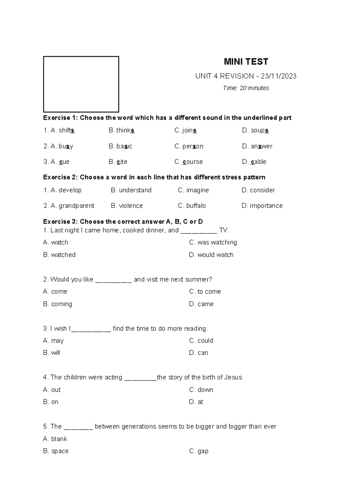 MINI TEST UNIT 4 REVISION - 23 11 2023 - Studocu