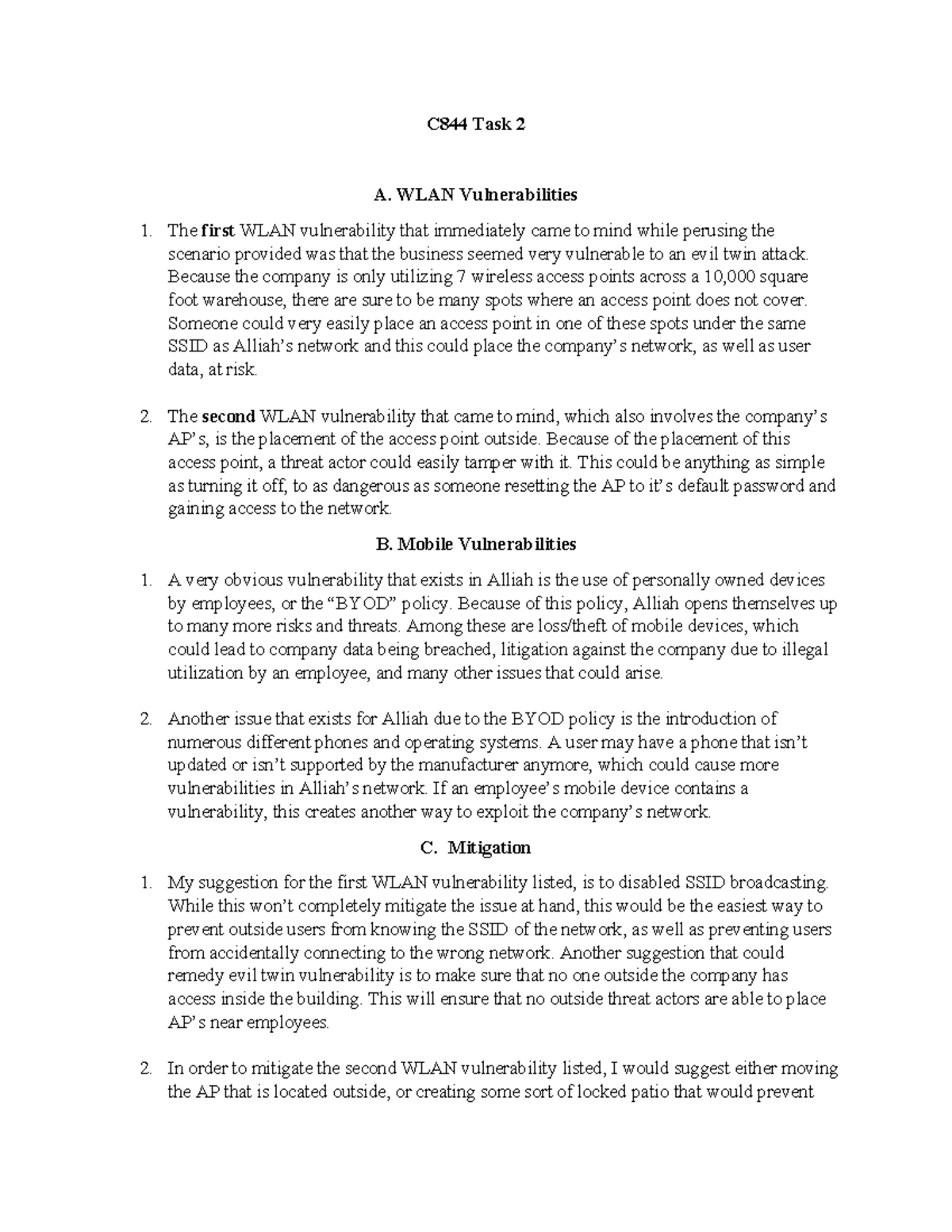 C844 - c844 task 2 - C844 Task 2 A. WLAN Vulnerabilities The first WLAN ...