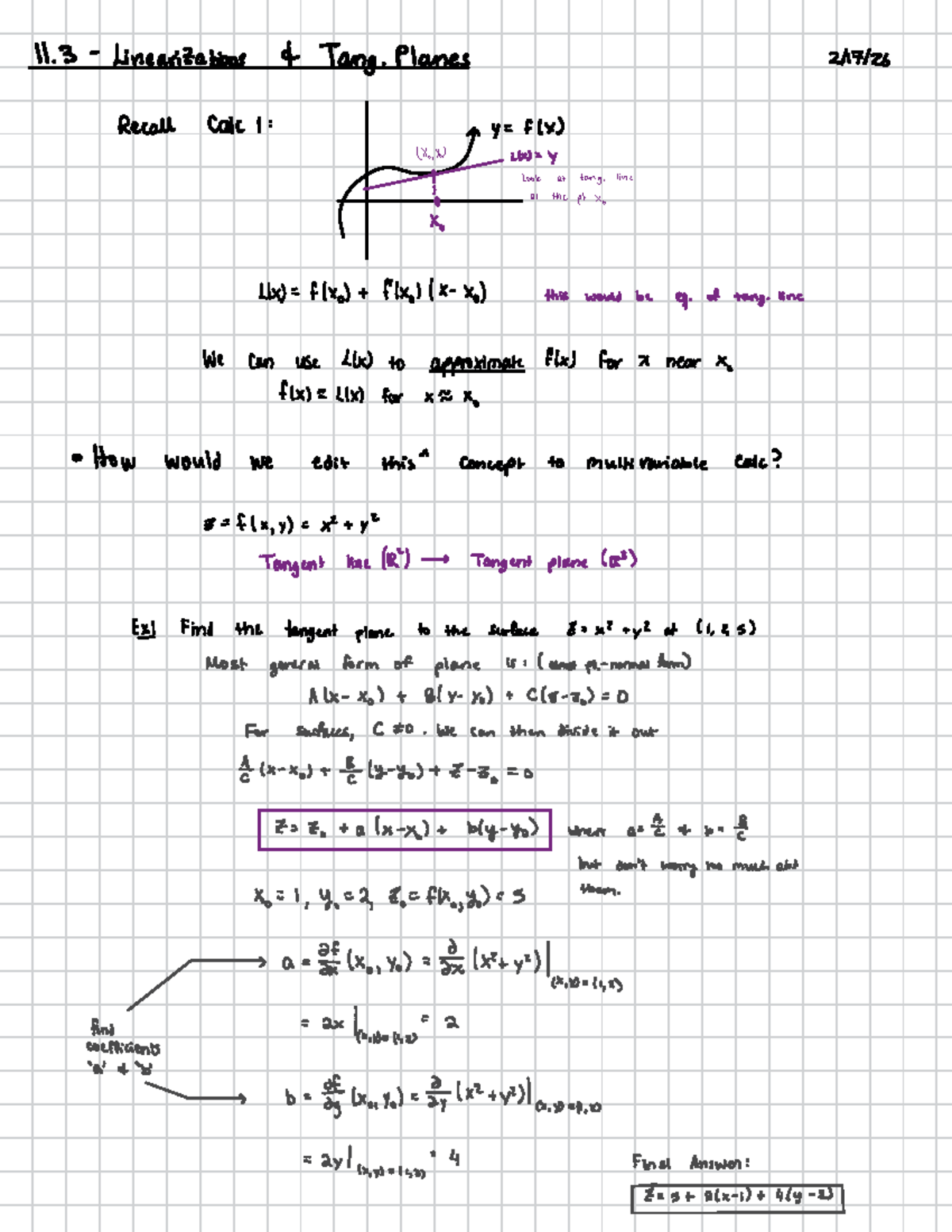 11.3 Linearization and Tangent Planes in Calculus - Studocu