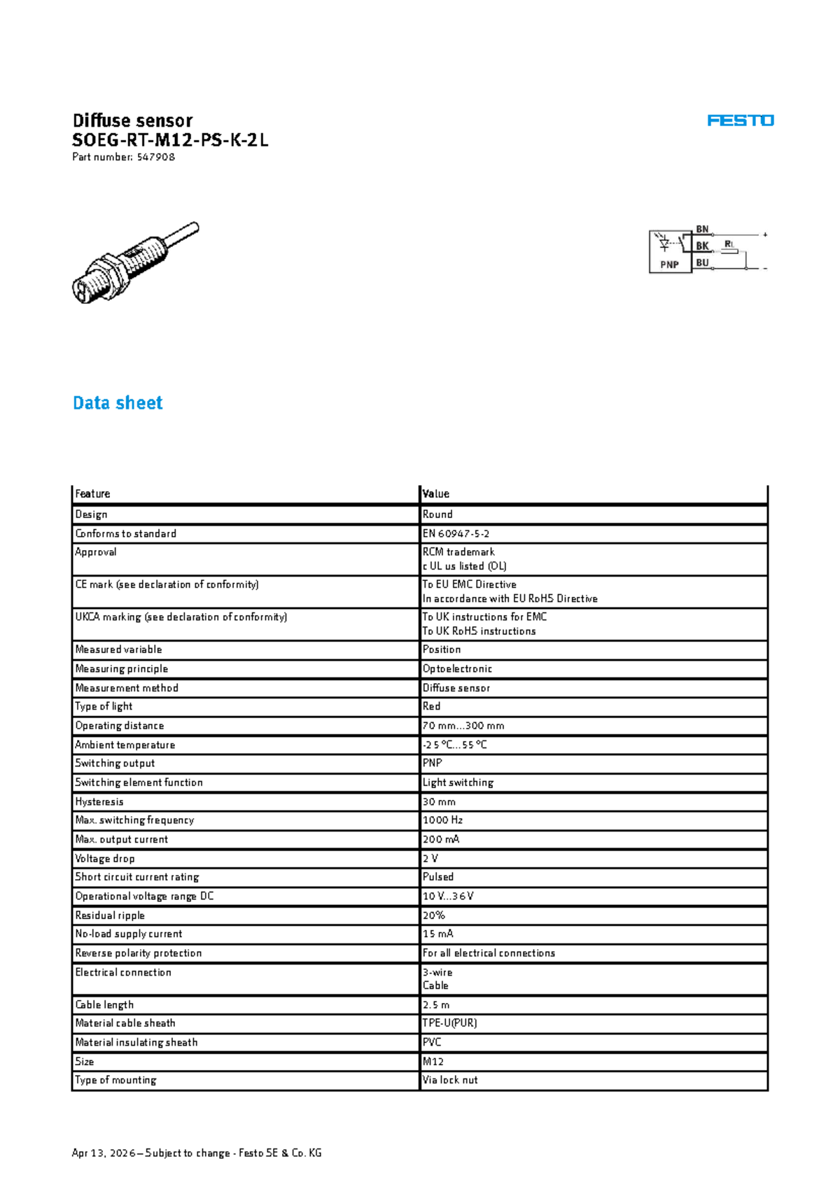 Optical Sensor Data Sheet: Part No. 547908 Features & Specs - Studocu