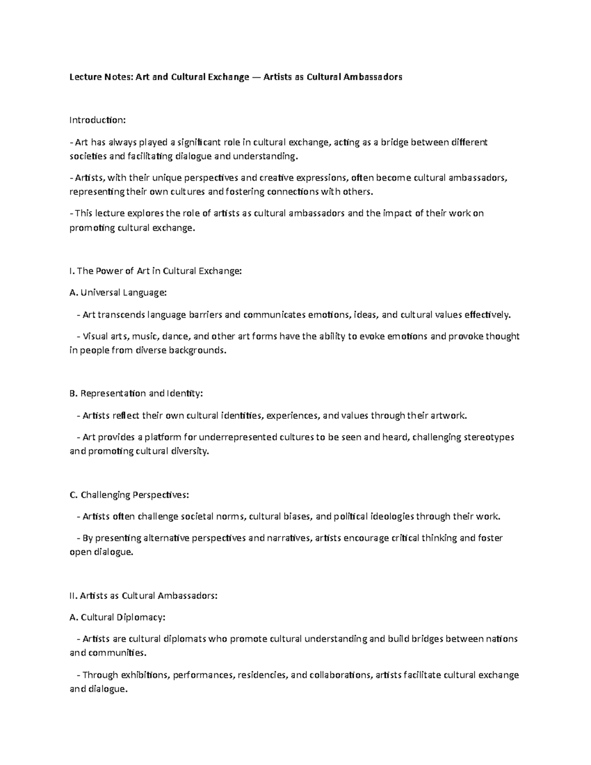 Lecture Notes: Artists as Cultural Ambassadors in Cultural Exchange ...
