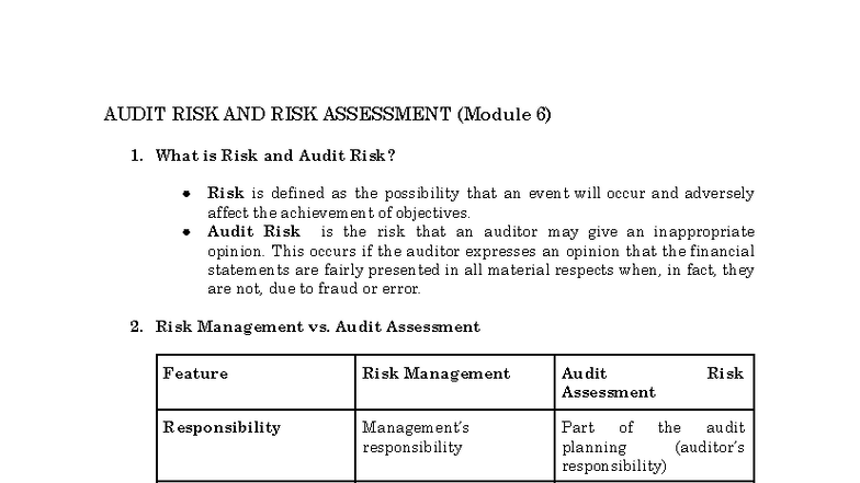 AUDIT RISK AND RISK ASSESSMENT (AUDIT 6) Overview and Phases - Studocu