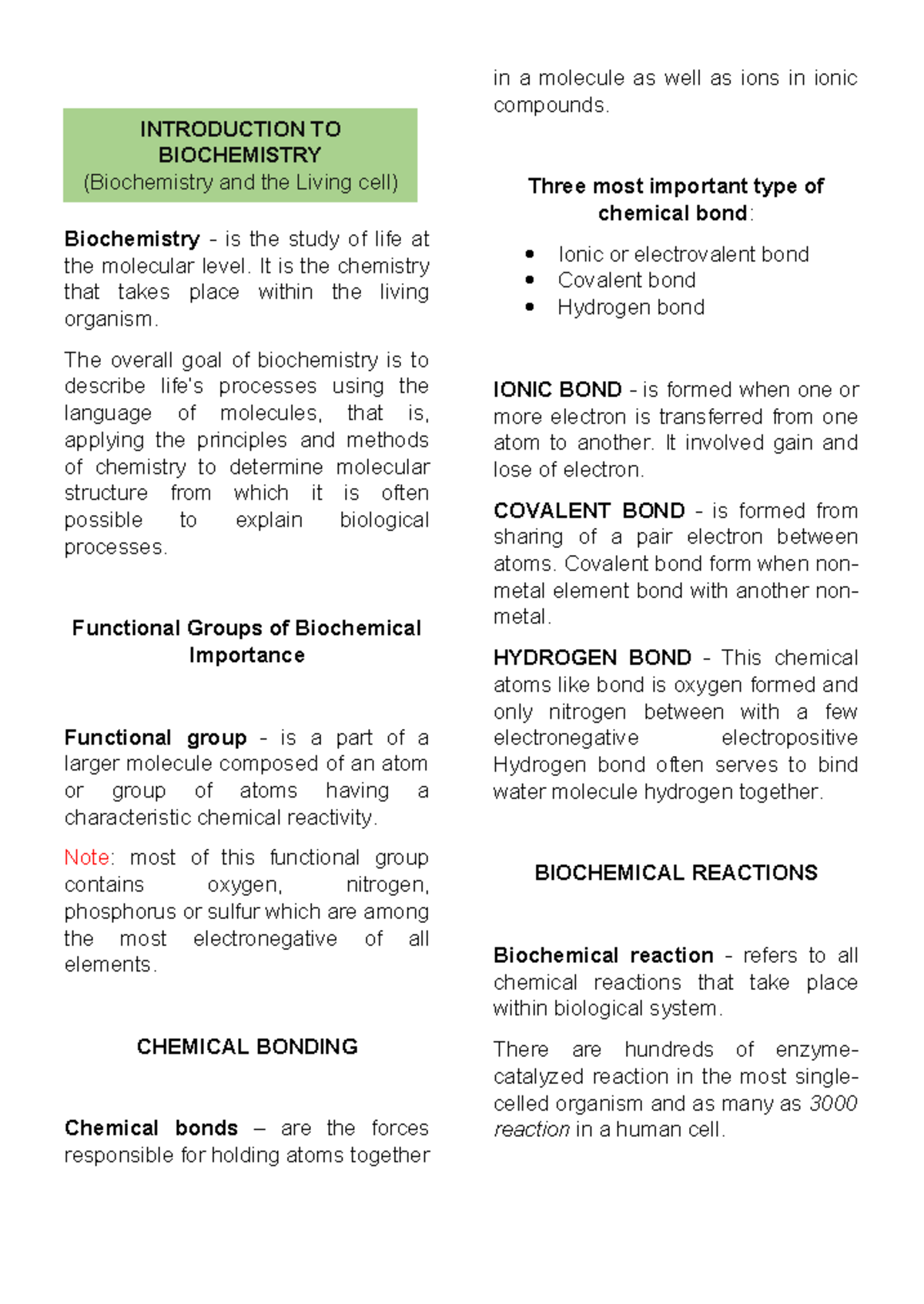Biochemistry Notes: Understanding Life at the Molecular Level (BIOC 101 ...